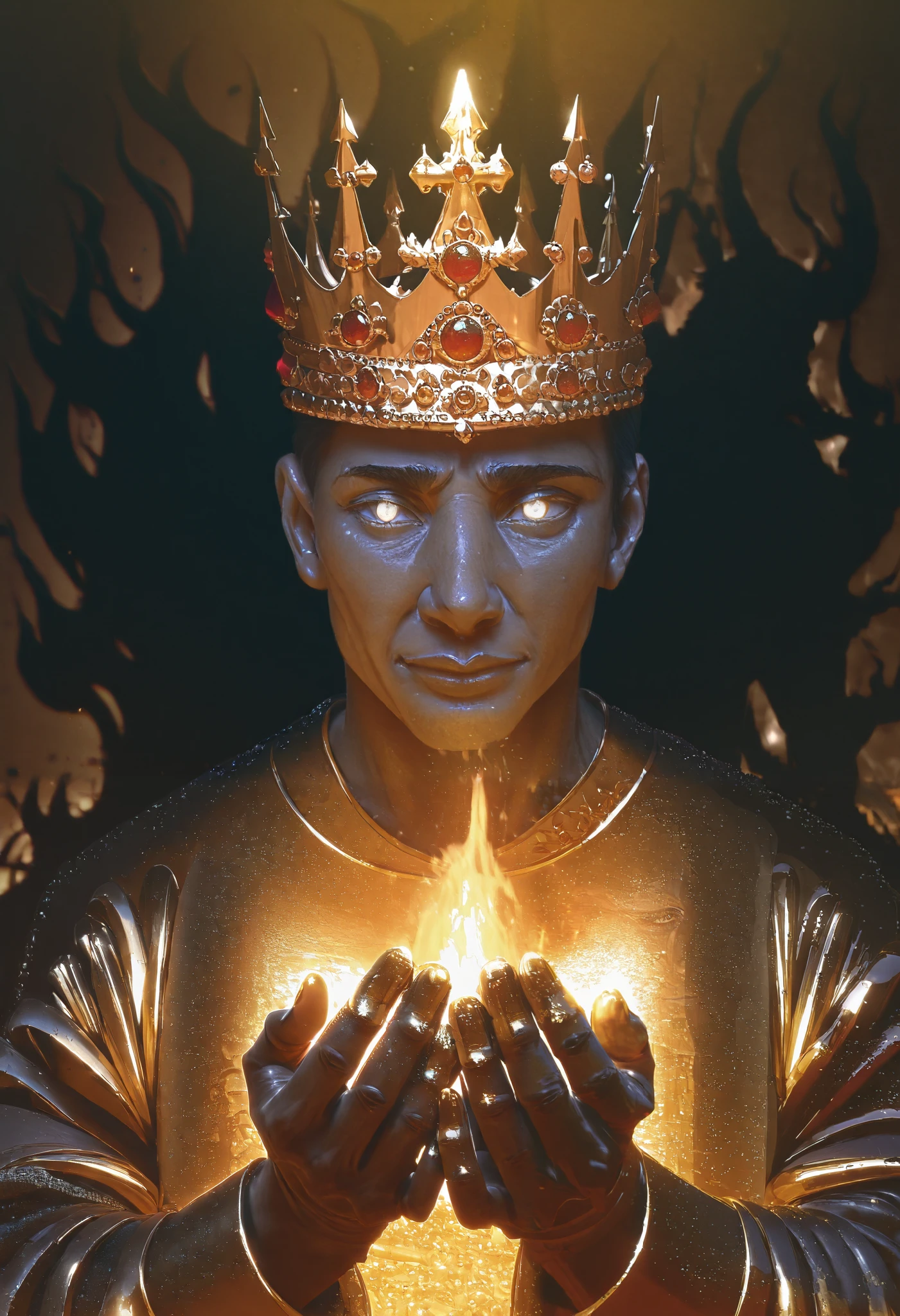 A very aesthetic image,visual fracture,(humanoid shadow),Black flames,Flaming crows,semi-realistic,smoky, shiny gold crown, shiny white eyes ,King Midas, gold fingers , realistic gold ,textured , gold fingers 