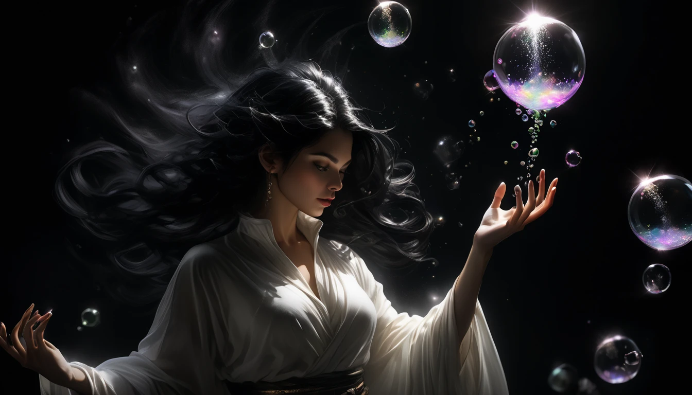 Goddess of Potions, Logos and black hair , White clothes ,  potion glass in one hand,  light detaching the dark, alchemy. Bubbles around,  FLOATING IN THE AIR , realistic hands