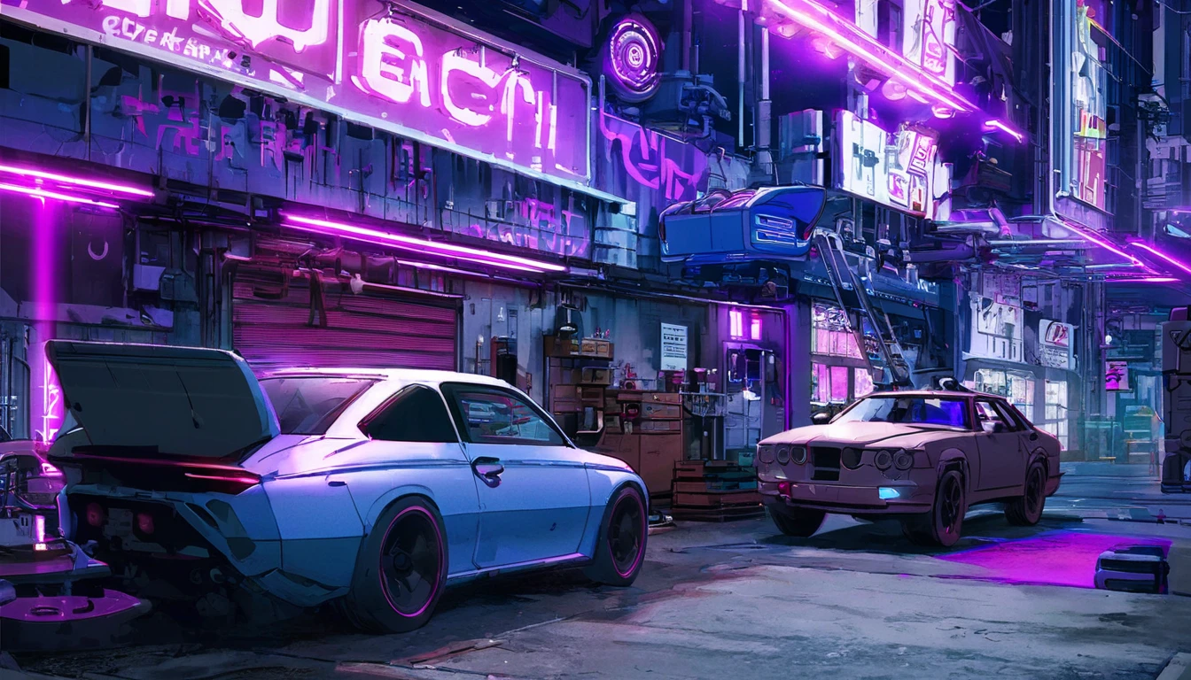 car workshop place, street view, cyberpunk, cherryhawks written on a sign, purple neon lights