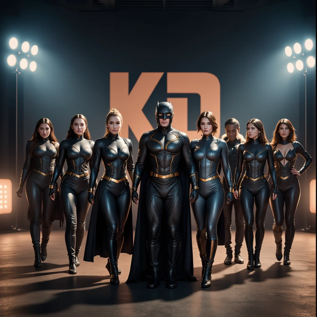 " Eleven superheroes standing together in a dynamic group pose,  cinematic style ,  wearing epic futuristic costumes , 'KD League' text in the background ,  dramatic lighting, hyper-realistic,  style,  volumetric lighting, estilo trending on ArtStation,  8k resolution 