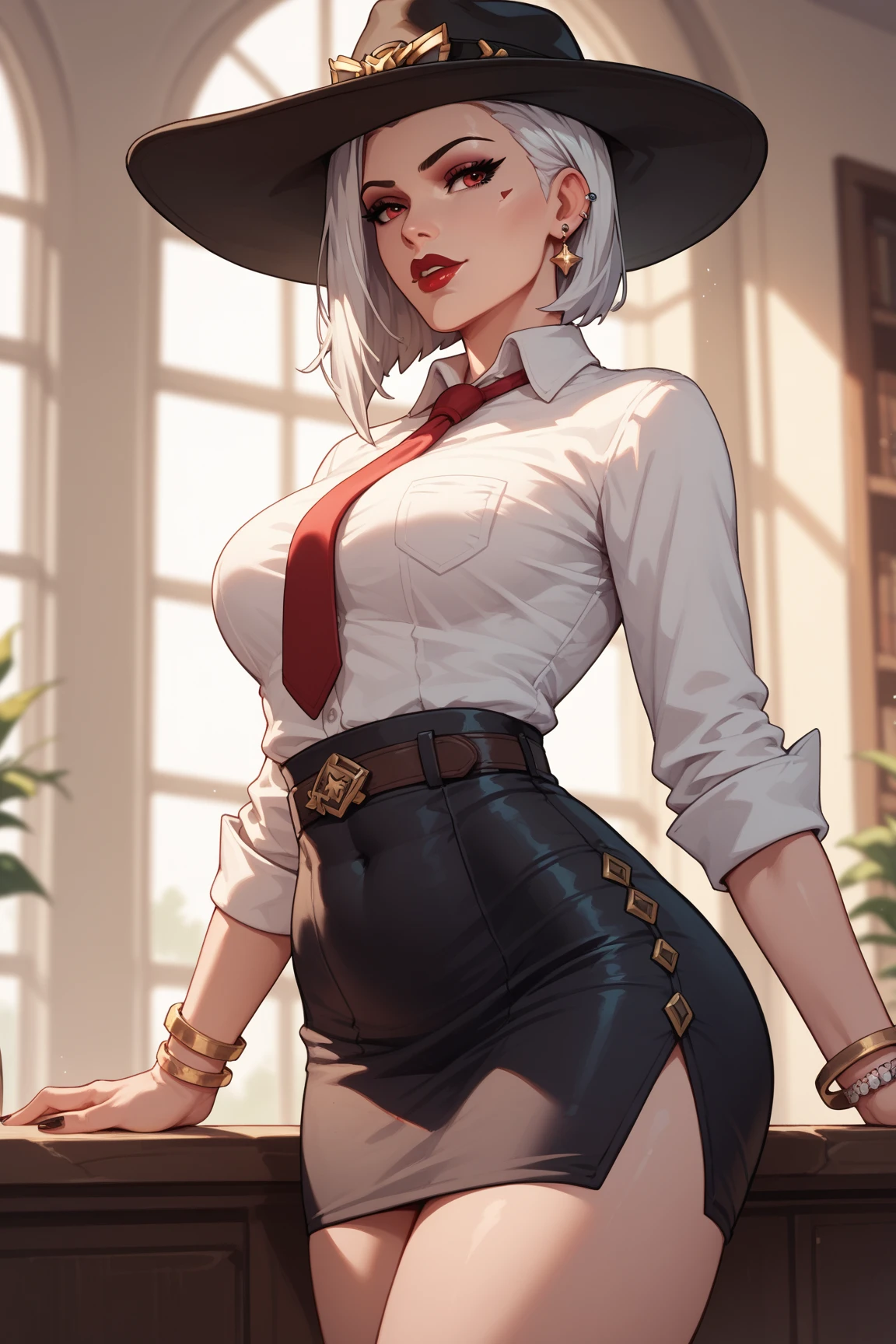 Ashe  \(overwatch\), 1girl, solo, mole above mouth, earrings, red eyes, jewelry, cowboy hat, makeup, lipstick, looking at viewer, necktie, white hair, asymmetrical hair, blurry, food, red necktie, stud earrings, mole, blurry background, red lips, nose, day, shirt, upper body, lips, mouth hold, eyeshadow, depth of field, short hair, outdoors, mascara, medium hair, big breasts, fat breasts, thick thighs 
