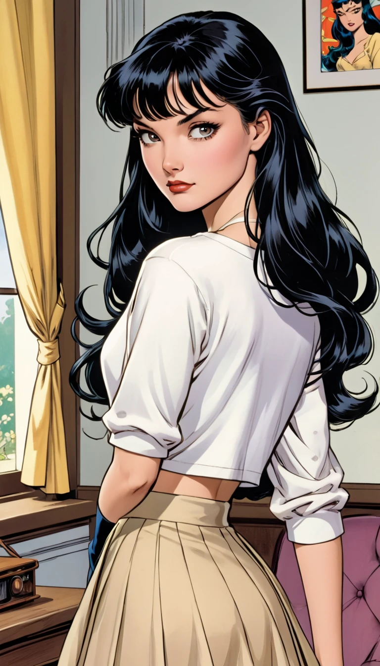 DC comic girl with long black hair, in a twist-back hairstyle, her ends semi-curled, and curtain bangs. Her eyes are hazel-doe-like. She had porcelain-like skin. Her features are soft and dainty. Very feminine and extremely pretty. She has a white cropped T-shirt, a beige open cardigan, and a black skirt. 