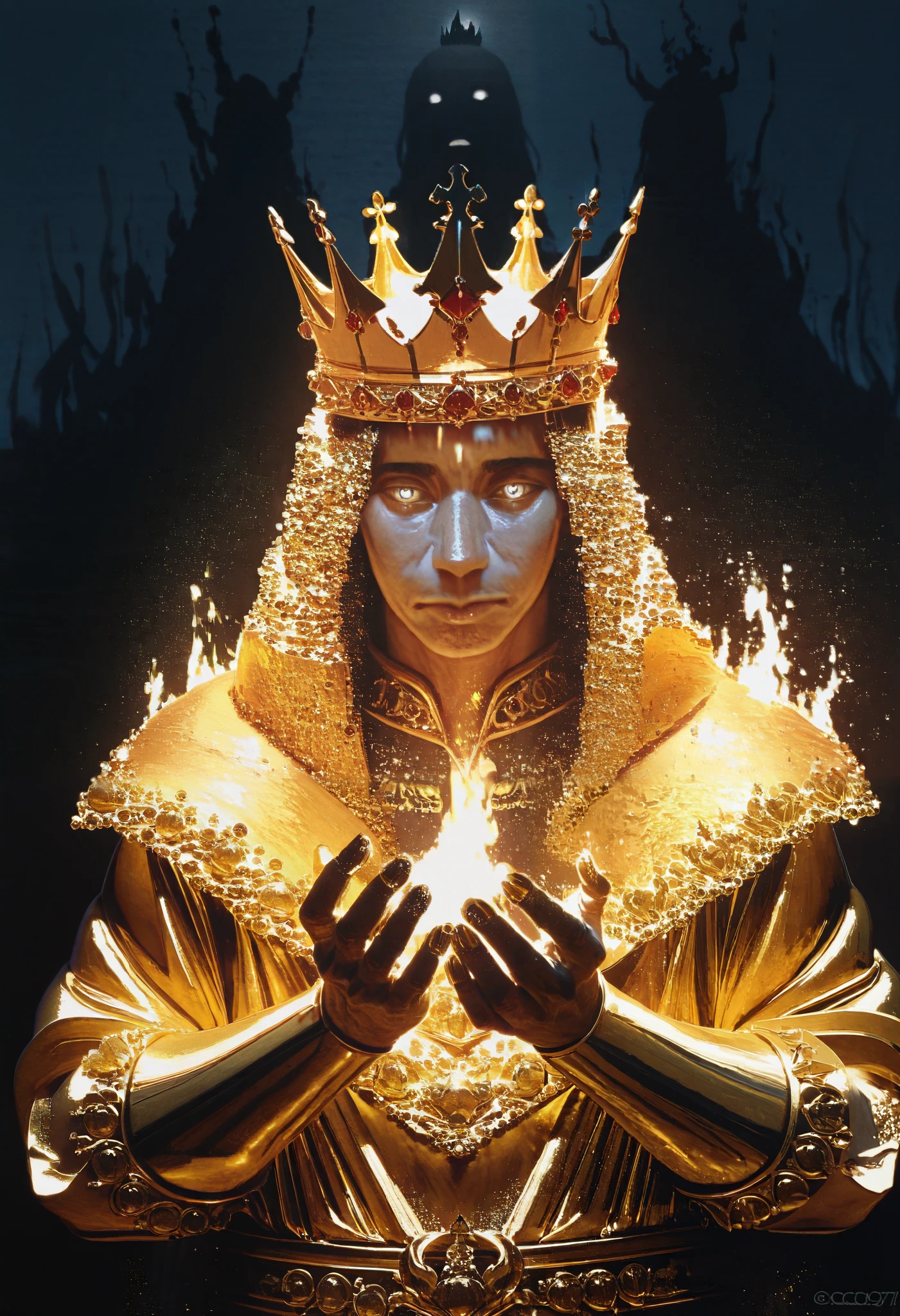 A very aesthetic image,visual fracture,(humanoid shadow),Black flames,Flaming crows,semi-realistic,smoky, shiny gold crown, shiny white eyes ,King Midas, gold fingers , realistic gold ,textured , gold fingers ,The Curse of Gold,