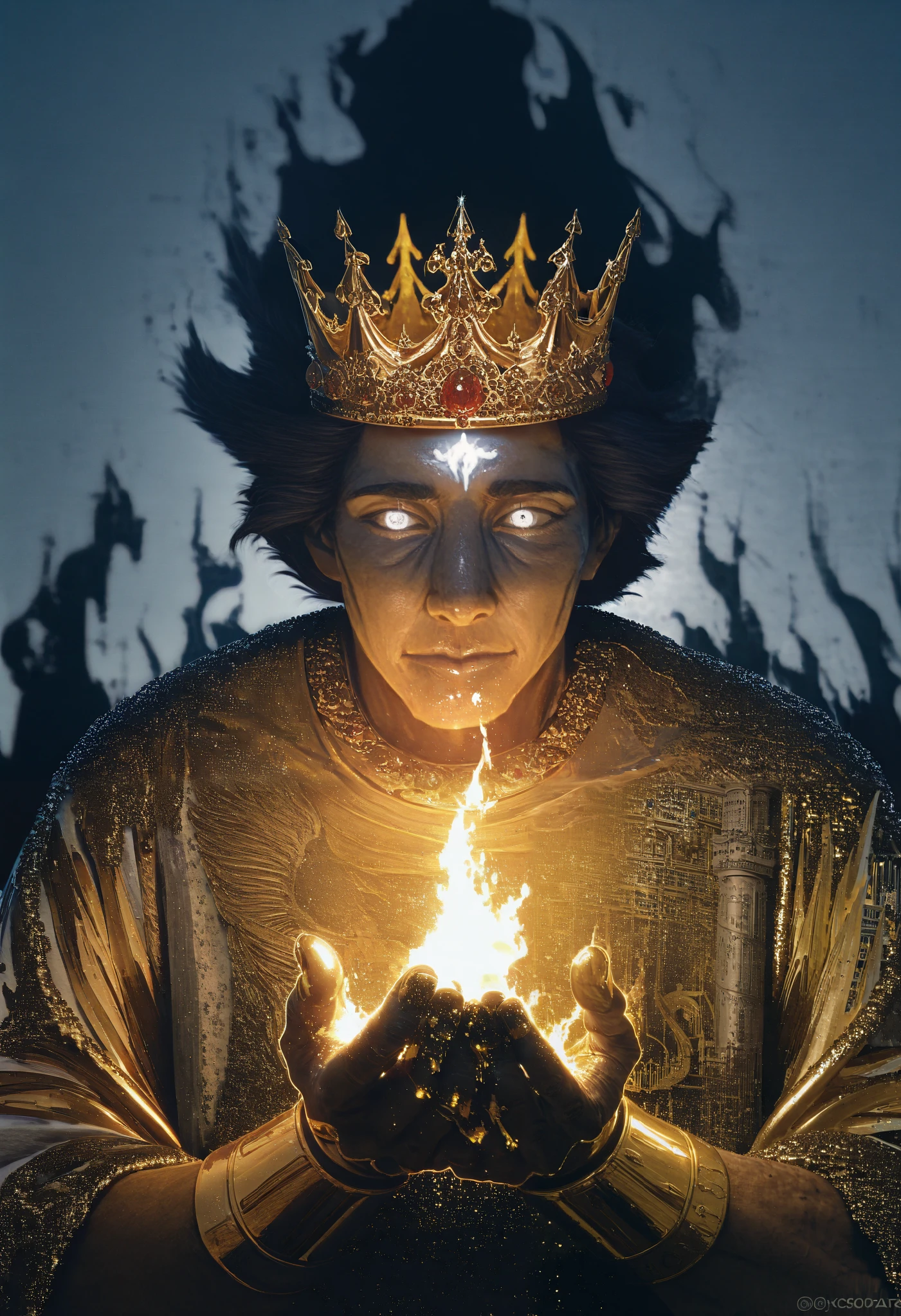 A very aesthetic image,visual fracture,(humanoid shadow),Black flames,Flaming crows,semi-realistic,smoky, shiny gold crown, shiny white eyes ,King Midas, gold fingers , realistic gold ,textured , gold fingers ,The Curse of Gold,