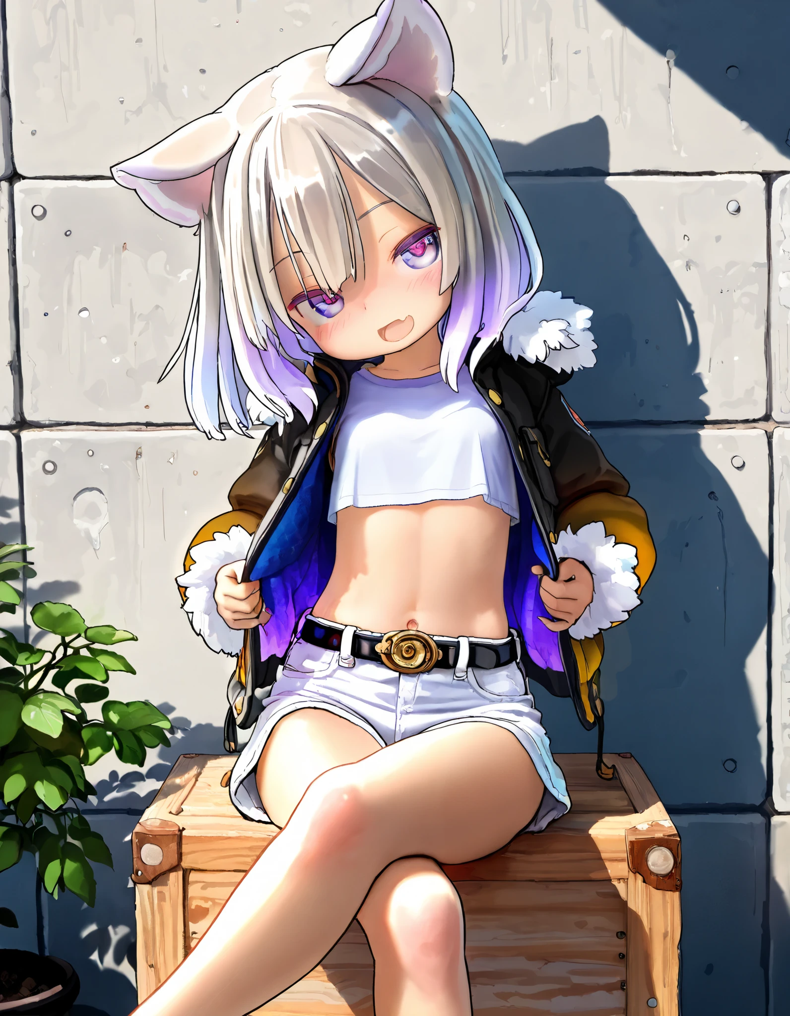 ((Masterpiece)), ((best quality)), (8K), (wide shot), cinematic lighting, (detailed background:1.2), (super detail:1.2),(High Definition:1.3), (Professional Photography:1.2), (very aesthetic:1.2), (absurdres:1.2), (sharp focus), ((1girl)), teenage Girl, (Textured skin), (Realistic skin), (pale purple eyes, gradient eyes, upturned eyes), (platinum-gold hair), ((fanged bangs)), gradient hair, blue color Hair Tip, (medium hair), small breast, (Healthy Gaunt body), (open mouth wide, skin fang), seductive smile, blush, (cute cheeks), glossy lips, pouty lips, (lower eyelashes), (tilt head), put on cat ears, BREAK, (cropped shirt, white buttoned shirt, gradient jacket, cropped jacket, open jacket, fur trim), luxury belt, white shorts, ((lift up jacket, lift by self)), (loose sitting on the block, crossed legs, against the beautiful botanical pattern wall), ((by Tsukushi Akihito)),