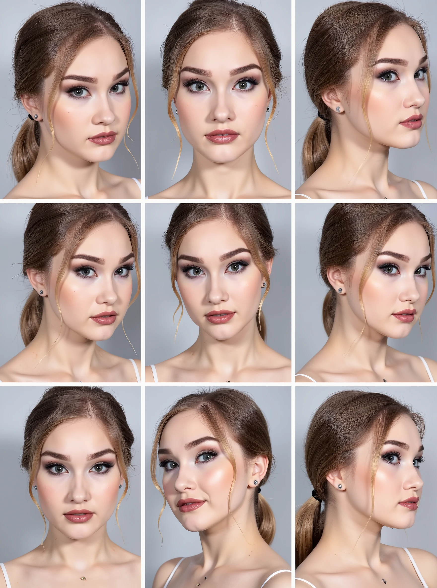 20-year-old, teen, ch3ry1b10ss0m woman, detailed face, griid of her face, Each frame features her face in various poses: some angled for a profile view, while others are straight-on frontal shots