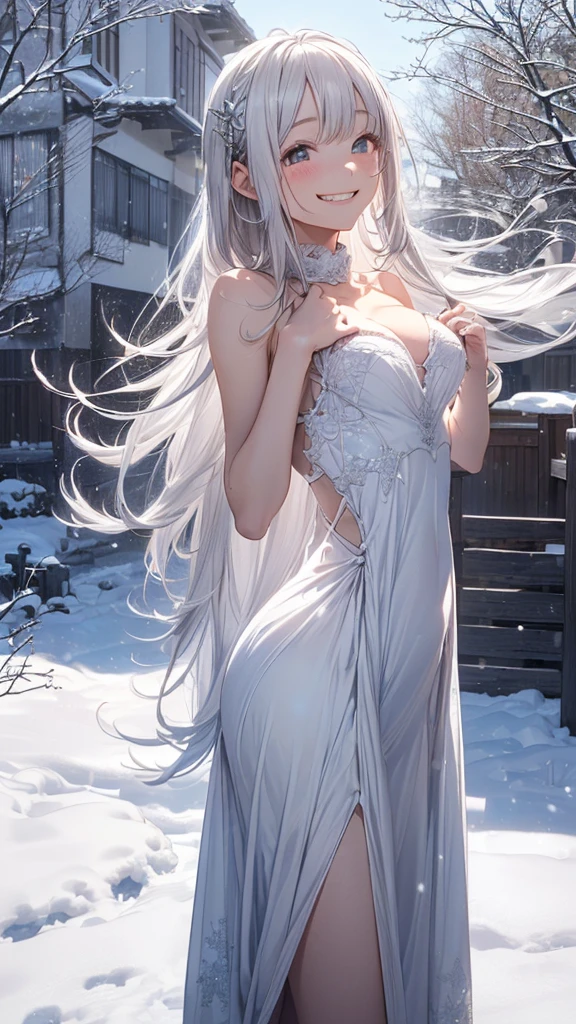((masterpiece:1.5、8k、Portrait、Photorealistic and very detailed CG、Very detailed、Particle Effects、Dynamic Effects、Written boundary depth、Cinematic Light、Lens flare、Ray Tracing、Tabletop、Realistic:1.4、超A high resolution:1.2、Realistic、Realistic))((alone、Elegant woman posing:、Detailed face、Bright expression、Younger, brighter, whiter skin、Ample breasts、Best Looks、The ultimate beauty、Silver hair with dazzling highlights、Shiny bright hair,、Super long, silky curly hair、hair dancing in the wind))(morning、The setting is outdoors in the snow, near a Christmas tree.)、all nude:1.5