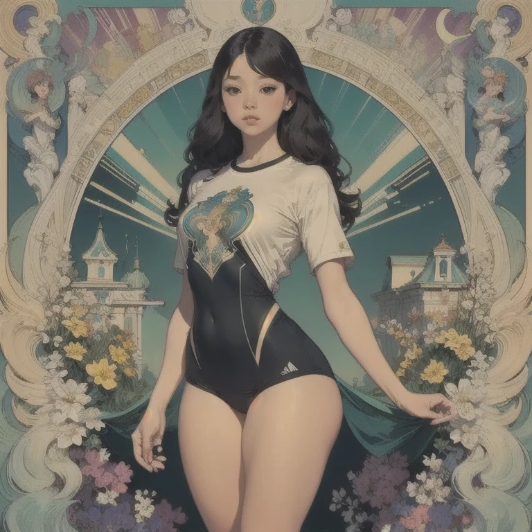  masterpiece , Anatomically correct, Alone, 1 girl, Kang Mina, long wavy black hair , half-open black eyes , thin lips, medium breasts, wide hips ,  thick thighs ,18 years old.Sagittarius sign, 1, 62 centimeters high and weighs 48 kilos,  South Korean ethnicity ,  wearing long short sleeve t-shirt ,  short swimsuit shorts ,socks  , blue Adidas sneakers , creamy skin tone ,  scenery room filled with posters , beautiful looking at the viewer  , Cinematic lighting , Art Nouveau, by Alfons Mucha, 