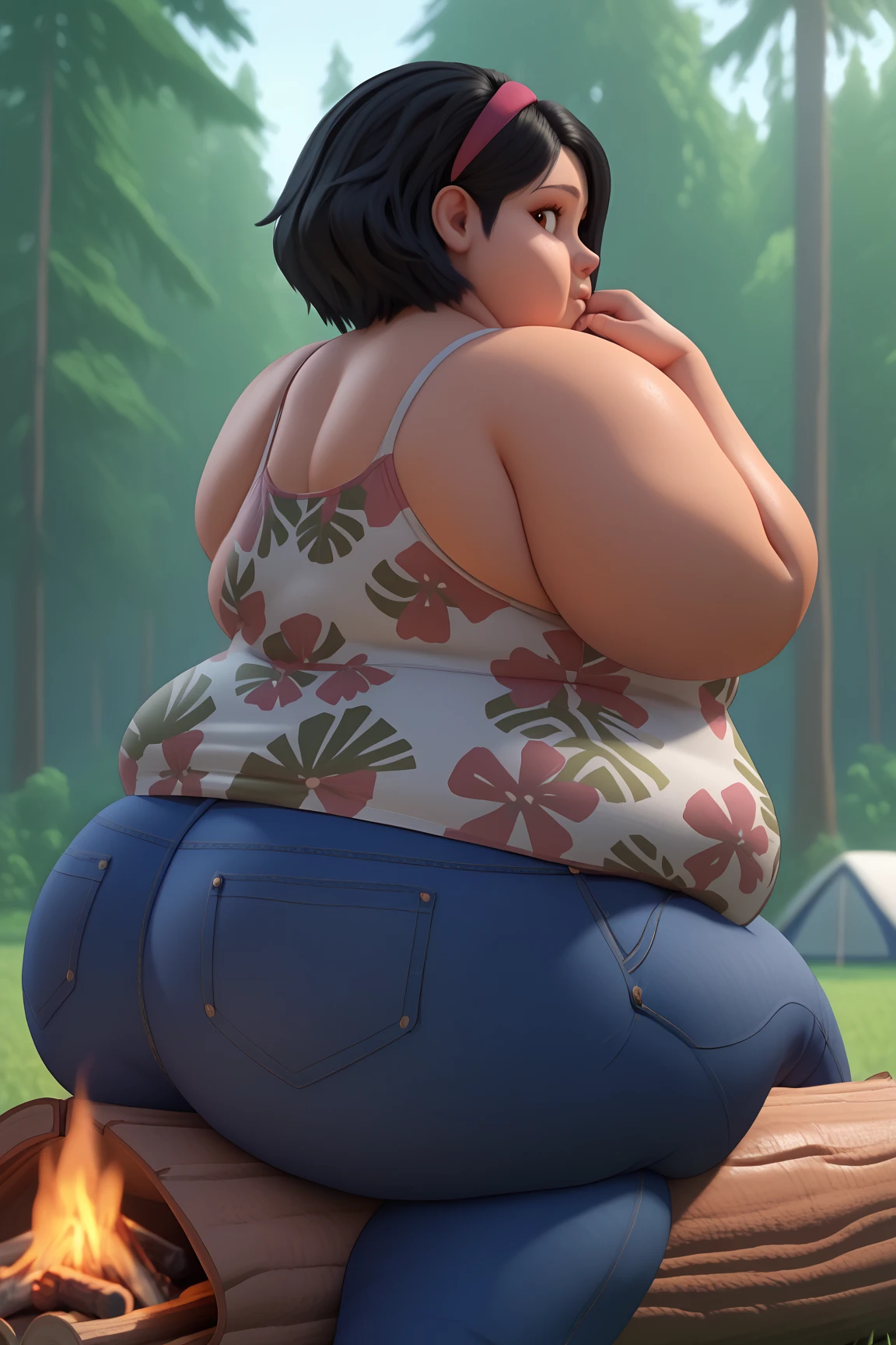 1girl, solo, SammyGutierrez(big fat body), black hair, short hair, pink hairband, brown eyes, dark-skinned female, tank top, floral print, bare shoulders, jeans, cowboy shot, day, outdoors, campfire, tent,  forest, looking at viewer, sitting, sitting on log,(clothes that fit your big, fat body size).