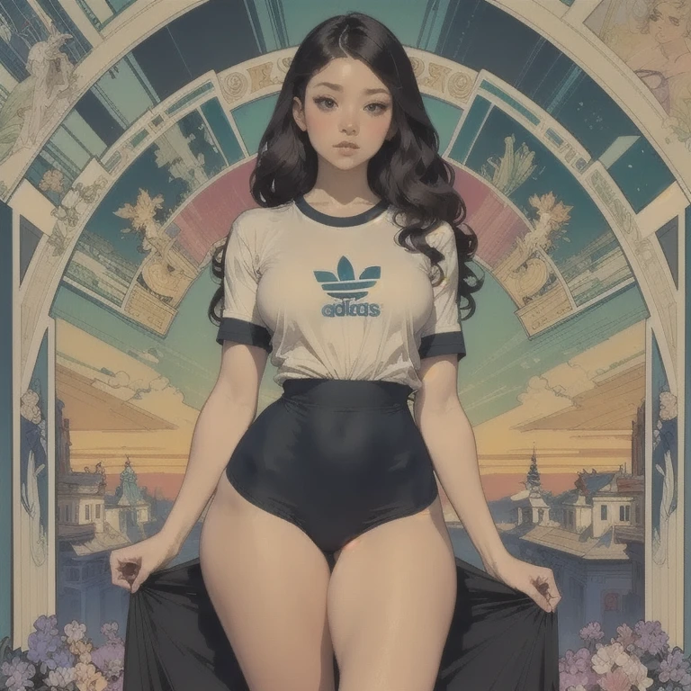  masterpiece , Anatomically correct, Alone, 1 girl, Kang Mina, long wavy black hair , half-open black eyes , thin lips, medium breasts, wide hips ,  thick thighs ,18 years old.Sagittarius sign, 1, 62 centimeters high and weighs 48 kilos,  South Korean ethnicity ,  wearing long short sleeve t-shirt ,  short swimsuit shorts ,socks  , blue Adidas sneakers , creamy skin tone ,  scenery room filled with posters , beautiful looking at the viewer  , Cinematic lighting , Art Nouveau, by Alfons Mucha, 