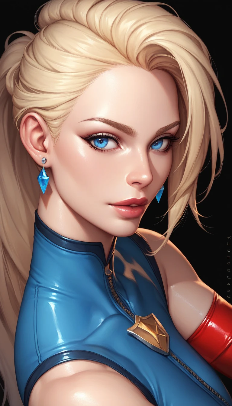 The character Supergirl, perfect blue and red costume with the traditional "S" in the chest, shiny little blue eyes, extremely beautiful blond hair, beautiful smile , perfect anatomy and extremely beautiful face, hyperrealistic face