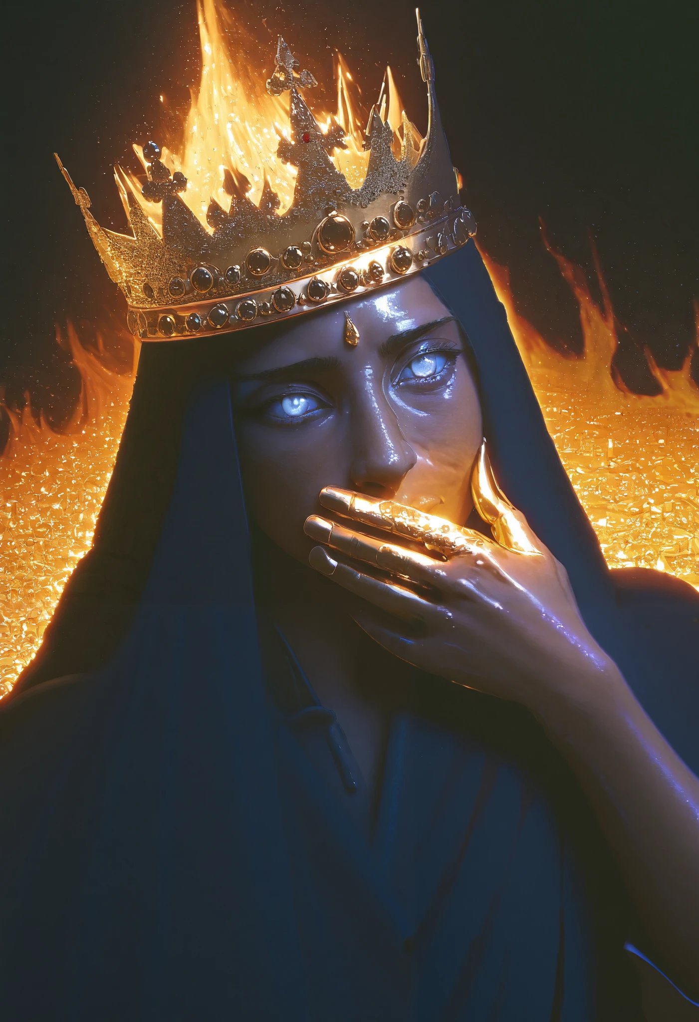 King Midas,A very aesthetic image,visual fracture,(humanoid shadow),Black flames,Flaming crows,semi-realistic,smoky, shiny gold crown, shiny white eyes , gold fingers , realistic gold ,textured , gold fingers 