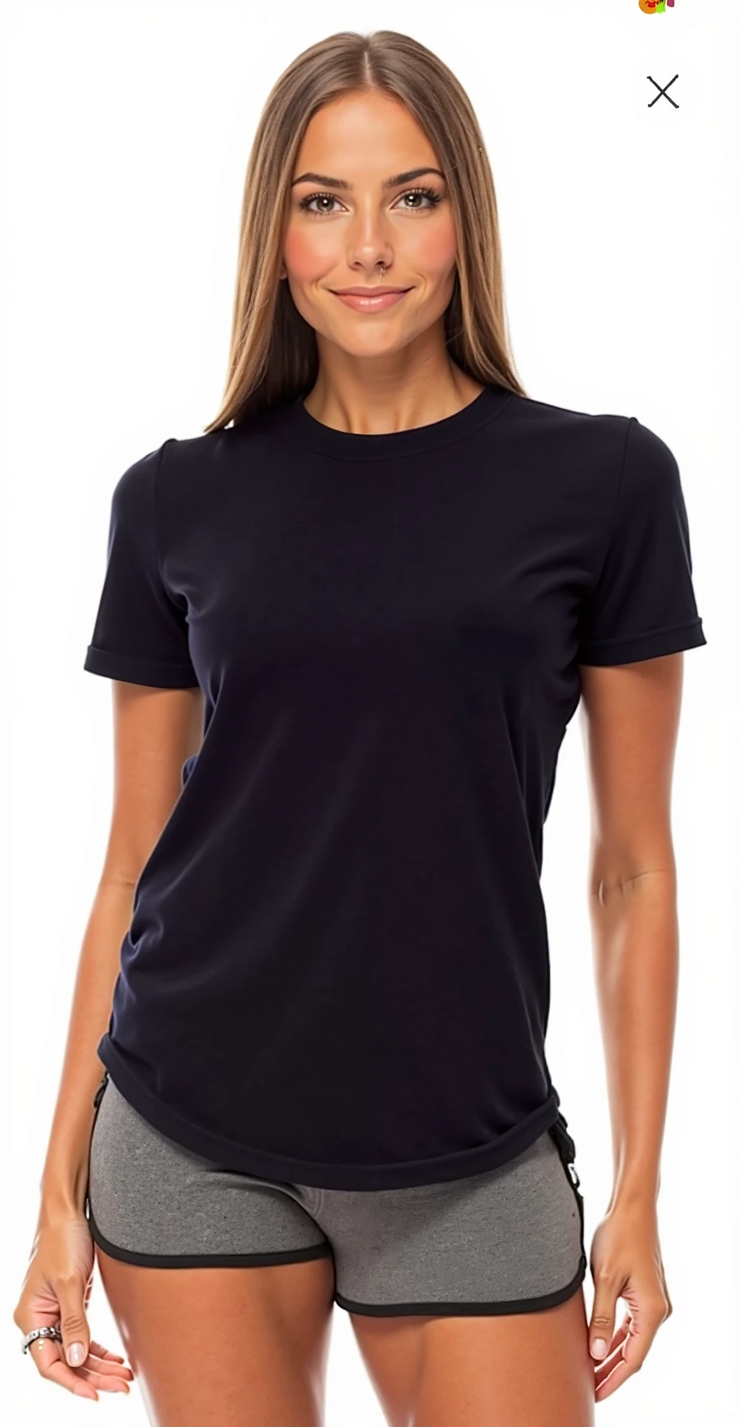 a woman in a black shirt and white shorts posing for a photo, navy blue shirt, manga curta, t - shirt preta, dark blue shirt, wearing a t - shirt, wearing a black t - shirt, sport t - shirt, vestindo t - shirt preta, t - shirt azul apertada, t - shirt, t - shirt, vestindo uma t - shirt preta, black t - shirt