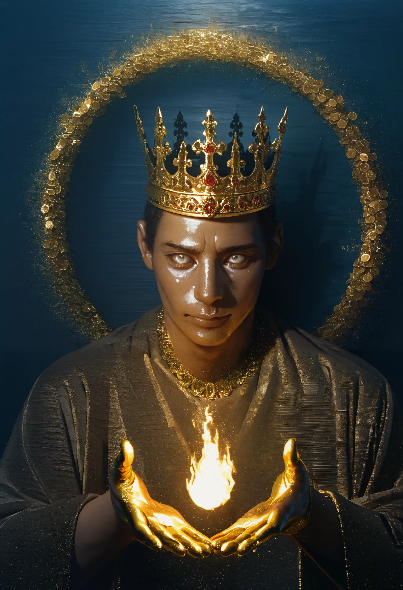 King Midas,A very aesthetic image,visual fracture,(humanoid shadow),Black flames,Flaming crows,semi-realistic,smoky, shiny gold crown, shiny white eyes , gold fingers , realistic gold ,textured , gold fingers ,gold coins in your hands