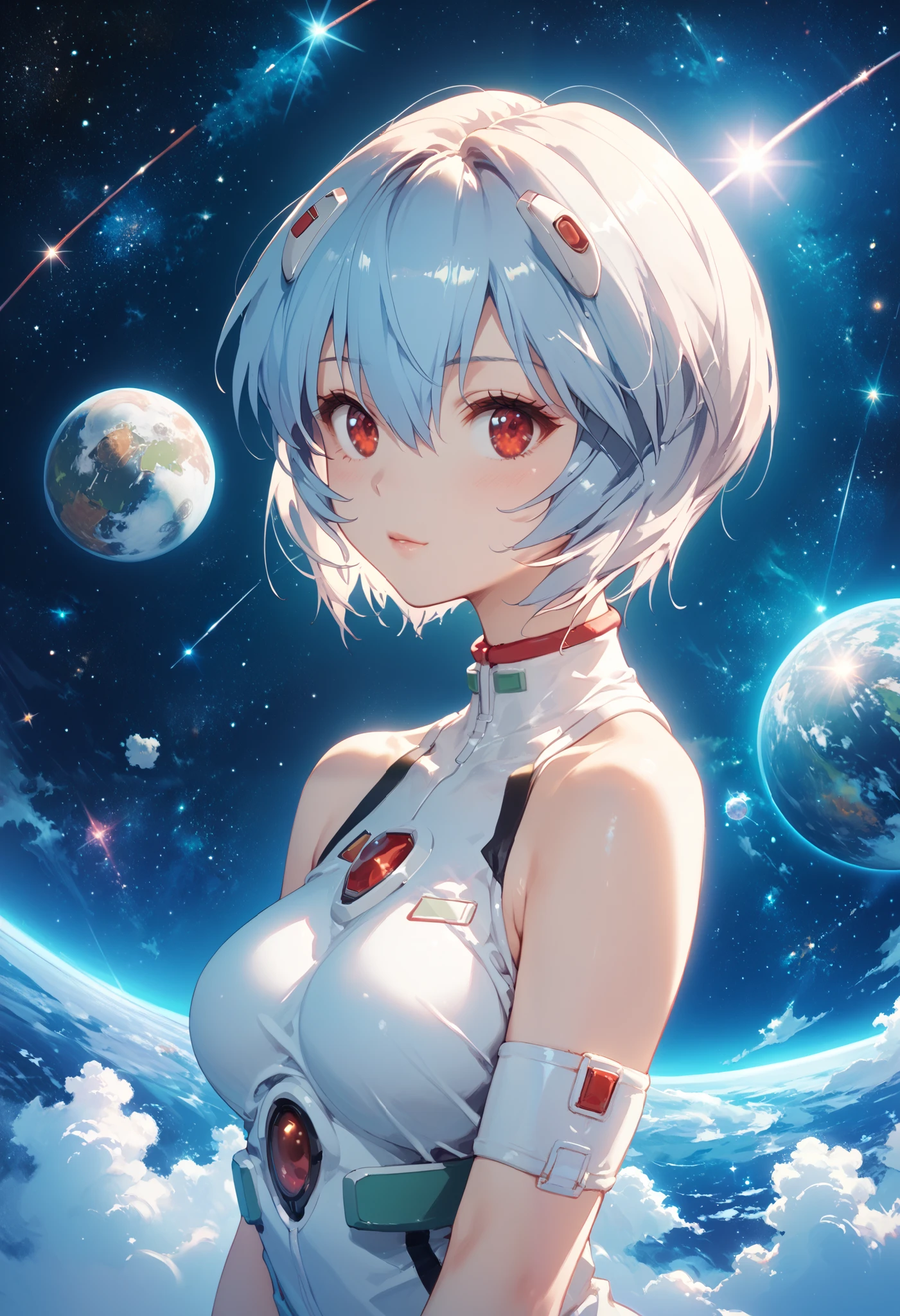 1girl, rei ayanami, solo, space-themed outfit, bare shoulders, light blue hair, red eyes, bright colors, beautiful colors, nebula, space theme, masterpiece, best quality, good quality, newest, ultra quality, high detailed
