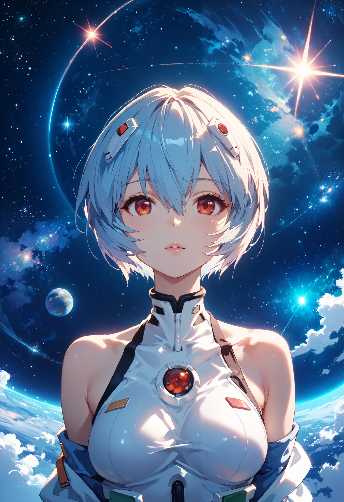 1girl, rei ayanami, solo, space-themed outfit, bare shoulders, light blue hair, red eyes, bright colors, beautiful colors, nebula, space theme, masterpiece, best quality, good quality, newest, ultra quality, high detailed