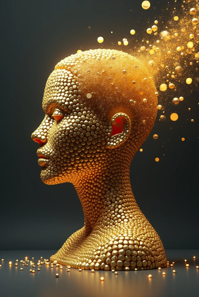 A stylized profile of a human head made of small, golden, 3D cubes ...