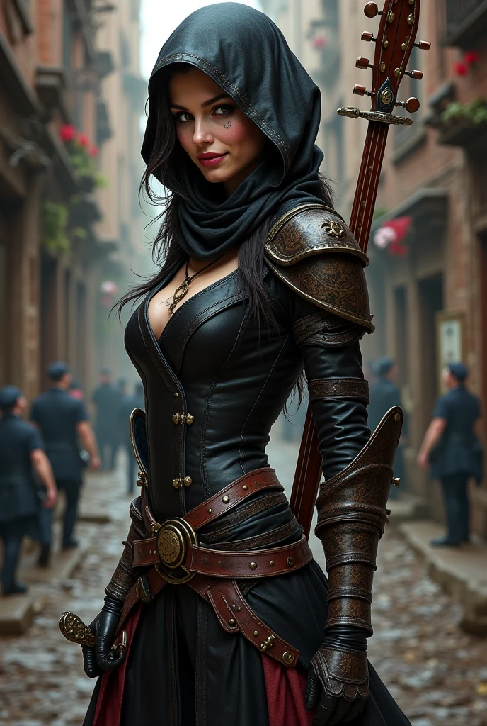 (((medium full shot))), (best quality, ultra-detailed:1.3), (nice hands, perfect hands), official art, cinematic light, (1girl:1.3), adulthot girl, A stunningly beautiful and fierce woman stands in a dimly lit, mysterious forest. She exudes a rebellious aura, with her long, flowing hair and eyes that sparkle with defiance. Dressed in a blend of rugged leather and elegant fabrics, she appears both dangerous and alluring. In her hand, she holds a finely crafted sword, a symbol of her strength and skill. The background is a misty landscape, suggesting an epic journey. The lighting is dramatic, casting shadows that add to the mystery and intensity of the scene. The overall mood is one of adventure, romance, and a hint of danger, Beautiful female bandit, solo, (slim:1.2), (perfect ???????), Rebellious aura, Long flowing hair, Sparkling defiant eyes, Rugged leather attire, Elegant fabric, Finely crafted sword, Mysterious forest, Misty landscape, Dramatic lighting, Shadowy ambiance, Adventure and romance, Hint of danger, solo, perfect eyes, intricately detailed beautiful Variegated eyes, looking at viewer, intricately detailed skin, perfect ???????, (Sunbeams:1.2), Indomitable spirit, Fearless determination, Resilient warrior, Unyielding courage, Fierce resolve, Steadfast defiance, Bold defiance, Tenacious fighter, Empowered bravery, Warrior spirit, middle earth, Hobbit Inspiring their allies with rousing music, Visionary, Tall, in shape, Triangular Face, Dark Skin, Blonde Hair, Blue Eyes with Green Flecks, [[Curved Nose]], Thin Lips, Round Chin, Shoulder-Length Hair, Coarse Hair, Formal Updo, full breasts, Cuff earrings, plum stain lipstick, Misty mountains towering over a vast, misty valley, Tolkien, armor, belt, boots, cape, cloak, corset, fingerless gloves, fire, gauntlets, gloves, hood, hooded cloak, jewelry, knife, lantern, mask, midriff, mole, mole under mouth, mouth mask, navel, necklace, pouch, scar, weapon, Ethereal Seance and Divination Room, Asphalt, Halogen Fl