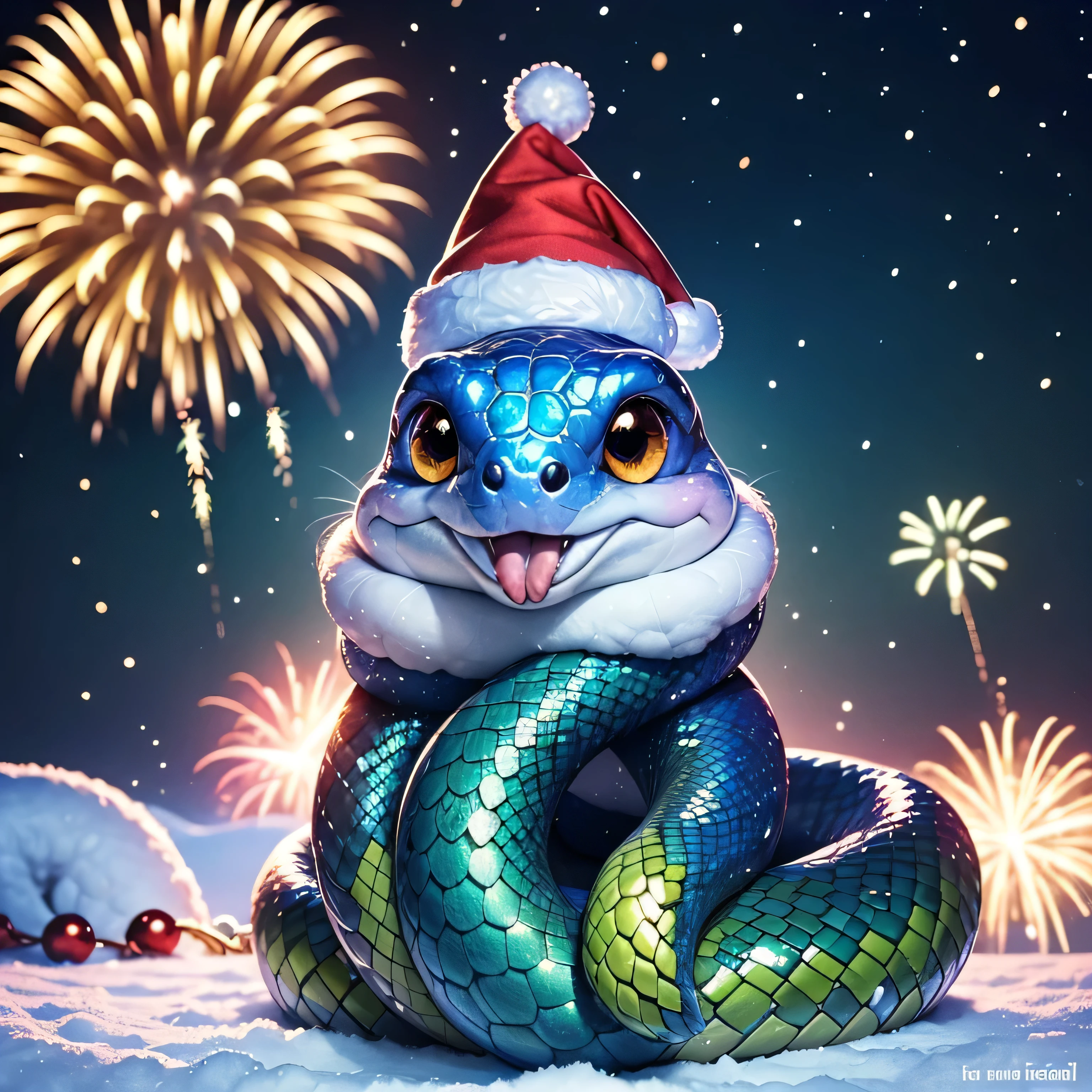 A very cute little snake, curved in an 'S' shape, with brightly coloured scales. It wears a Santa hat on its head, giving it a playful and festive look. The snake sits on a snowy surface, its head up, looking with delight at the sparkling fireworks exploding in the Christmas sky. The snake's eyes are large and full of admiration, reflecting the lights of the fireworks. The artwork should be done in a bright and cheerful illustration style, with an emphasis on the cute features of the snake. Use rich and cheerful colours for the scales: combinations of green, red and white. The fireworks should be bright and varied, including gold and silver shades, creating a festive atmosphere. Convey a sense of joy and magic. The snake should look happy and excited, so that the viewer feels the atmosphere of the New Year's holiday and magic. The background should be a night sky filled with bright fireworks that sparkle and develop in various shapes. Add snowdrifts and a few Christmas trees decorated with lights to create a cozy and festive atmosphere.