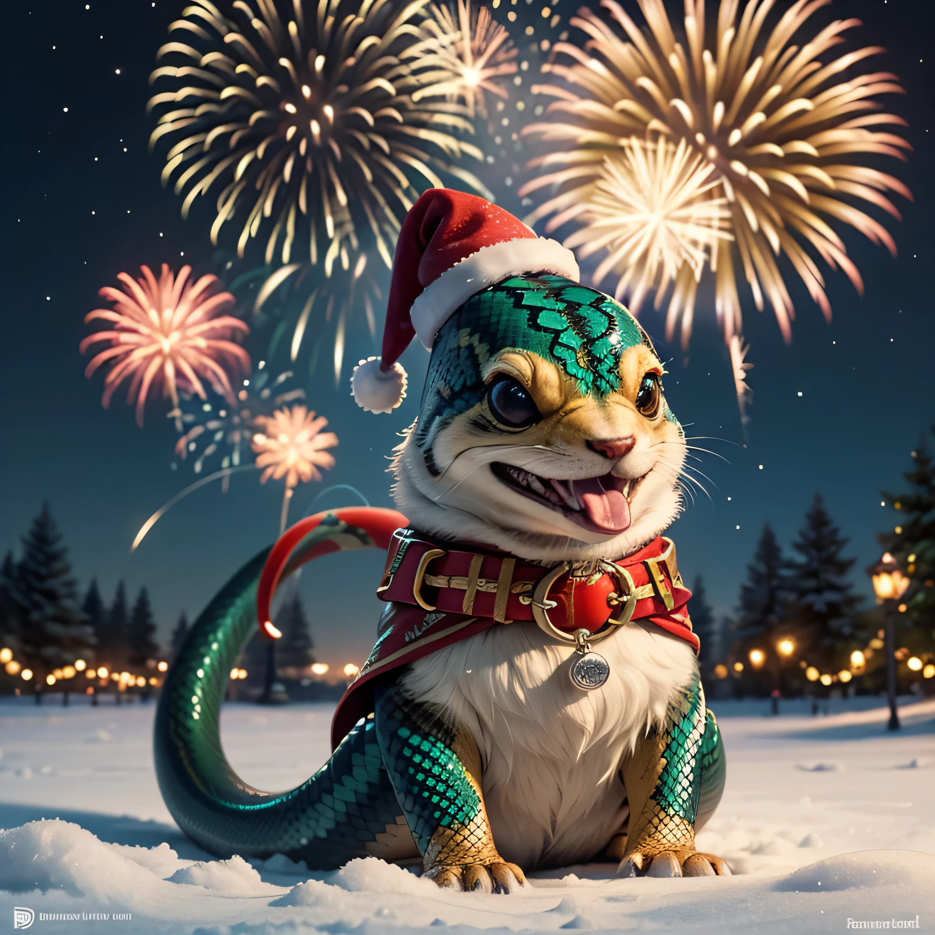 A very cute little snake, curved in an 'S' shape, with brightly coloured scales. It wears a Santa hat on its head, giving it a playful and festive look. The snake sits on a snowy surface, its head up, looking with delight at the sparkling fireworks exploding in the Christmas sky. The snake's eyes are large and full of admiration, reflecting the lights of the fireworks. The artwork should be done in a bright and cheerful illustration style, with an emphasis on the cute features of the snake. Use rich and cheerful colours for the scales: combinations of green, red and white. The fireworks should be bright and varied, including gold and silver shades, creating a festive atmosphere. Convey a sense of joy and magic. The snake should look happy and excited, so that the viewer feels the atmosphere of the New Year's holiday and magic. The background should be a night sky filled with bright fireworks that sparkle and develop in various shapes. Add snowdrifts and a few Christmas trees decorated with lights to create a cozy and festive atmosphere.