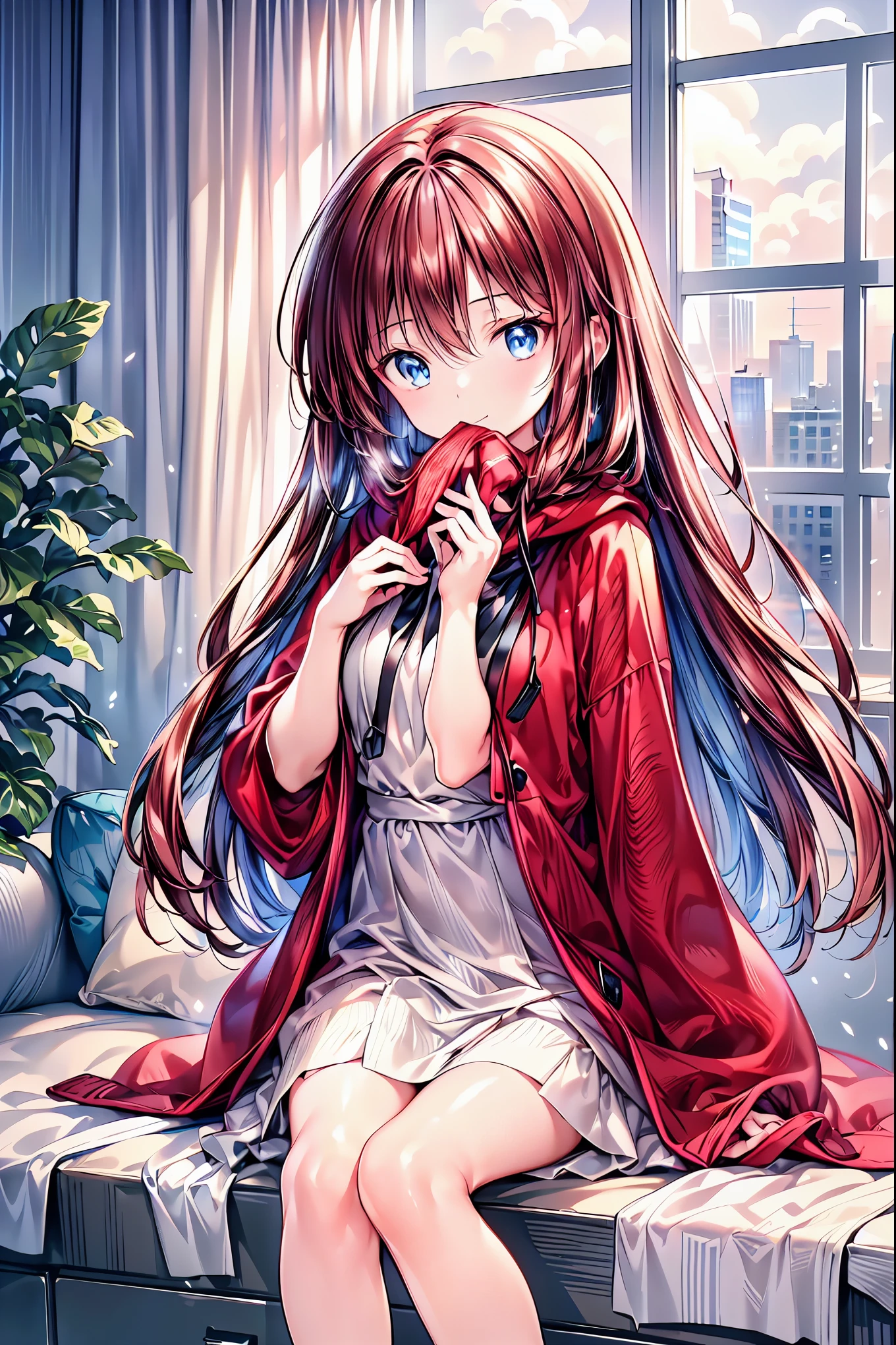 Winter clothes、Red coat、Bare legs、(   top quality ,masterpiece:1.3,    Ultra Fine ),(    very detailed,    caustics,8k),(    realistic :1.4,RAW shooting),18 years old,    Japanese    ,    cute,  Looking at the camera and smiling   ,(    Focus on Face   :1.2),(    face close-up  :1.2),(Low position:1.3),(    low angle:1.4),  brown hair，    shortcuts，    slender beauty    ，    messy hair，Cityscape，  brown hair，   shortcuts，   tousled hair ，  short braided hair，Neat，  Slender and beautiful woman ，Correct posture，  small breasts，   Beautiful Legs，   Enchanting gray-blue eyes shine like stars，Droopy eyes，   bright color ,   beautiful eyes,A delicate smile,  Textured Skin, BEST QUALITY BEST   ,   A humorous parody of a gentle and beautiful woman   ,   anime style､