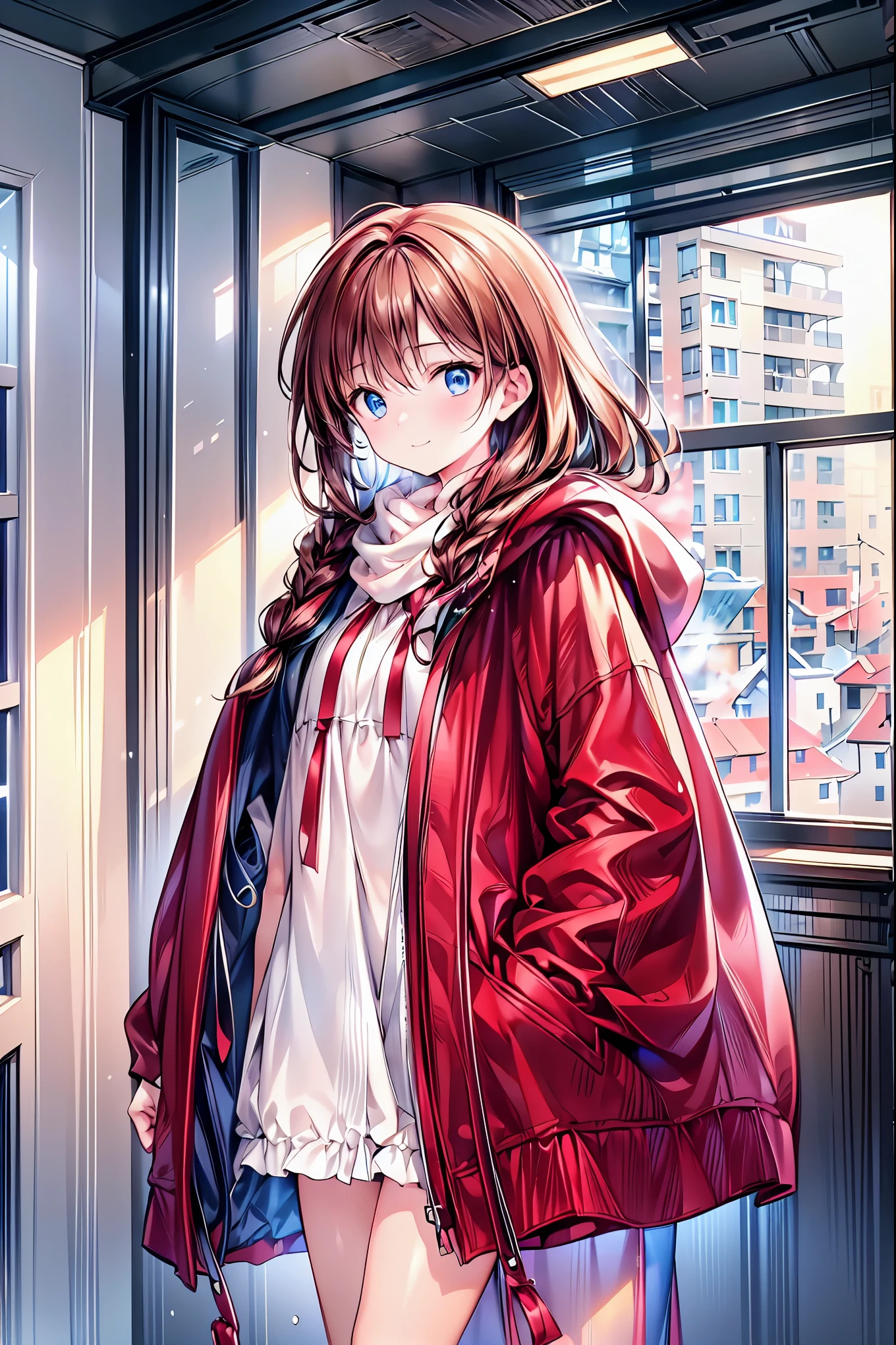 Winter clothes、Red coat、Bare legs、( top quality ,masterpiece:1.3, Ultra Fine ),( very detailed, caustics,8k),( realistic :1.4,RAW shooting),18 years old, Japanese , cute, Looking at the camera and smiling ,( Focus on Face :1.2),( face close-up :1.2),(Low position:1.3),( low angle:1.4), brown hair, shortcuts, slender beauty , messy hair,Cityscape, brown hair, shortcuts, tousled hair , short braided hair,Neat, Slender and beautiful woman ,Correct posture, small breasts, Beautiful Legs, Enchanting gray-blue eyes shine like stars,Droopy eyes, bright color , beautiful eyes,A delicate smile, Textured Skin, BEST QUALITY BEST , A humorous parody of a gentle and beautiful woman , anime style、