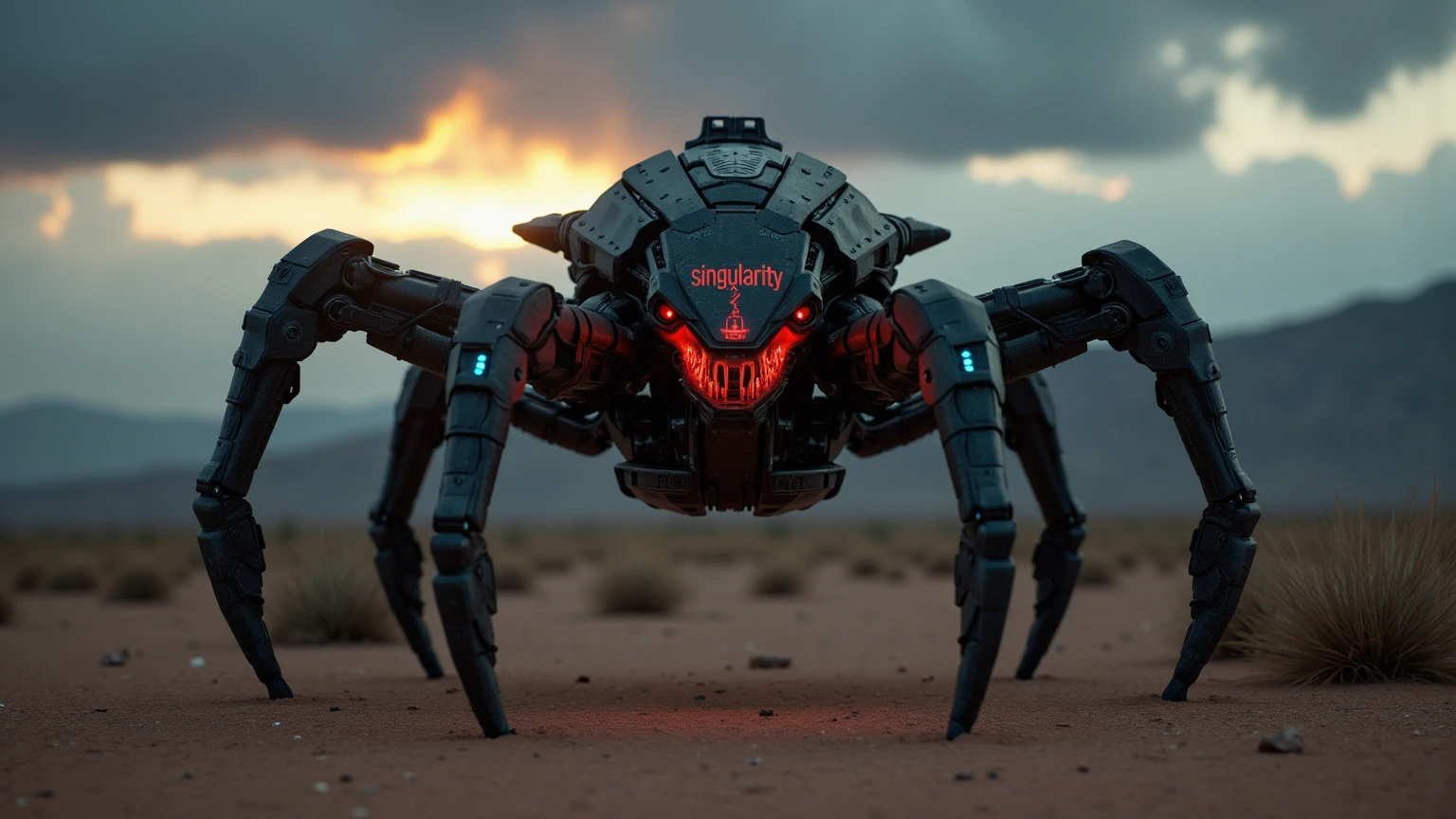 A beast drone, its metal body emblazoned with 'Singularity' in glowing red, gazes out from a low-angle perspective. Curved arms and legs wrap around its head like a mechanical crown. Red and blue headlights glint like razor-sharp teeth. Against the desert backdrop of a mountain range, dark gray clouds gather as the sun sets, casting a warm glow on the drone's monochromatic form. The eye-level composition draws the viewer in, with the ray-traced lighting accentuating every detail.