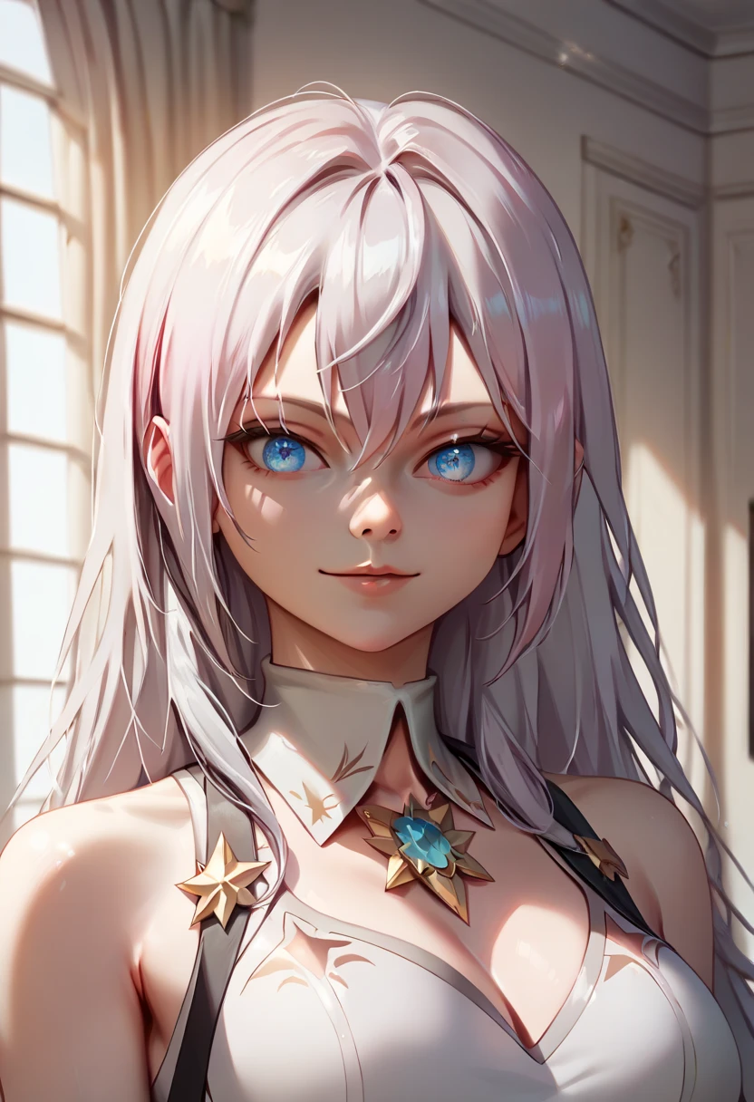 (masterwork, repaired eyes, portrait, Alisa, award-winning, masterpiece, best quality, hyper-detailed, 8k uhd::1.4), girl, leotard, sitting, looking at the viewer, blue eyes, gray hair, blue eyes, form side