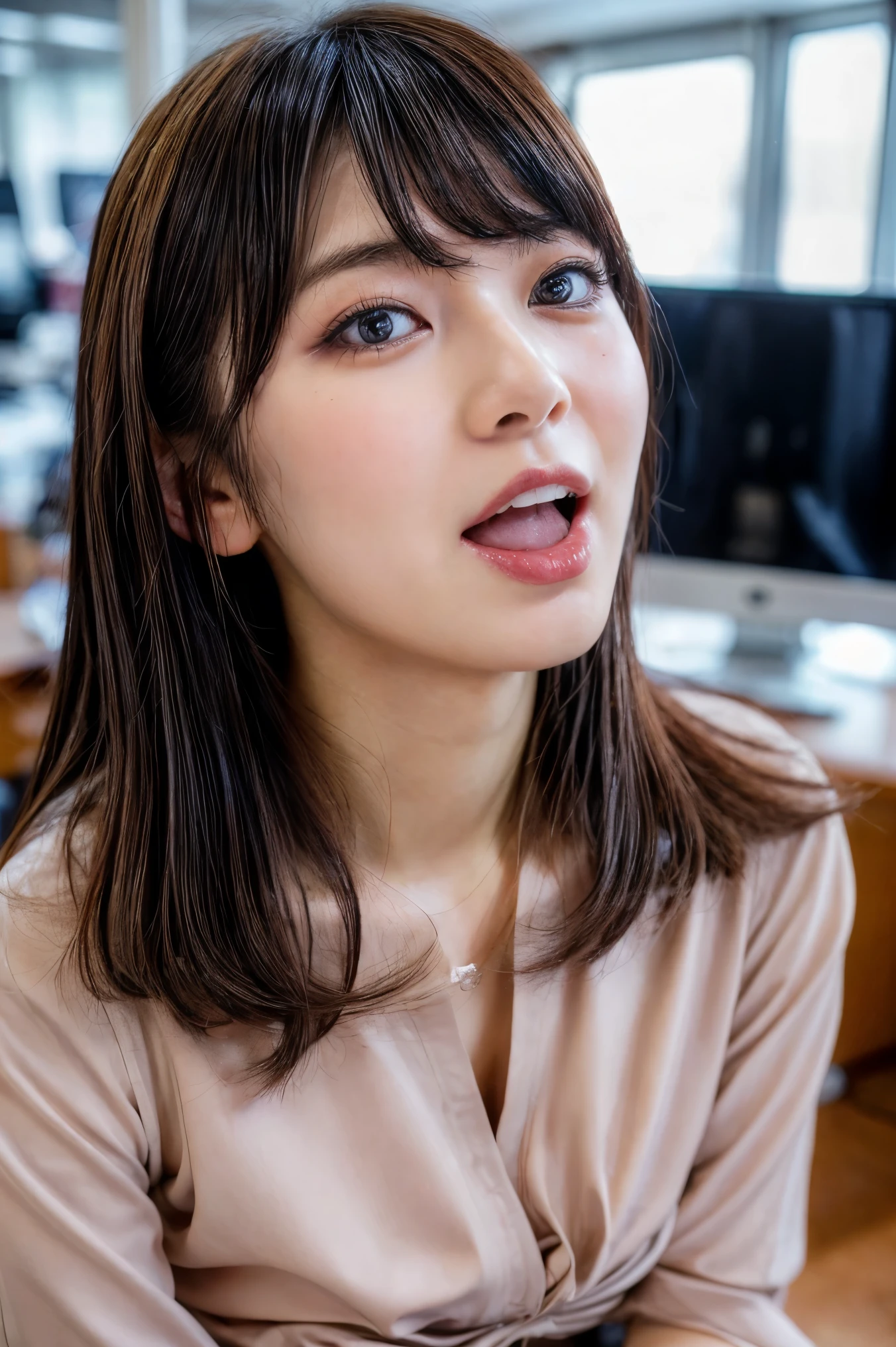 (masterpiece, best quality, realistic, photo-realistic), high resolution photograph of a Japanese woman, intricate details, sharp focus, professional lighting, solo, 1girl, an office lady, wearing office lady uniform, (face focus), (full open mouth, wide open mouth, excessive cum in open mouth:1.2), crawling under office desk, looking up at viewer, disheveled hair, detailed face, detailed eyes, sophisticated nose, pale skin, fine-textured skin, indoors, office room,