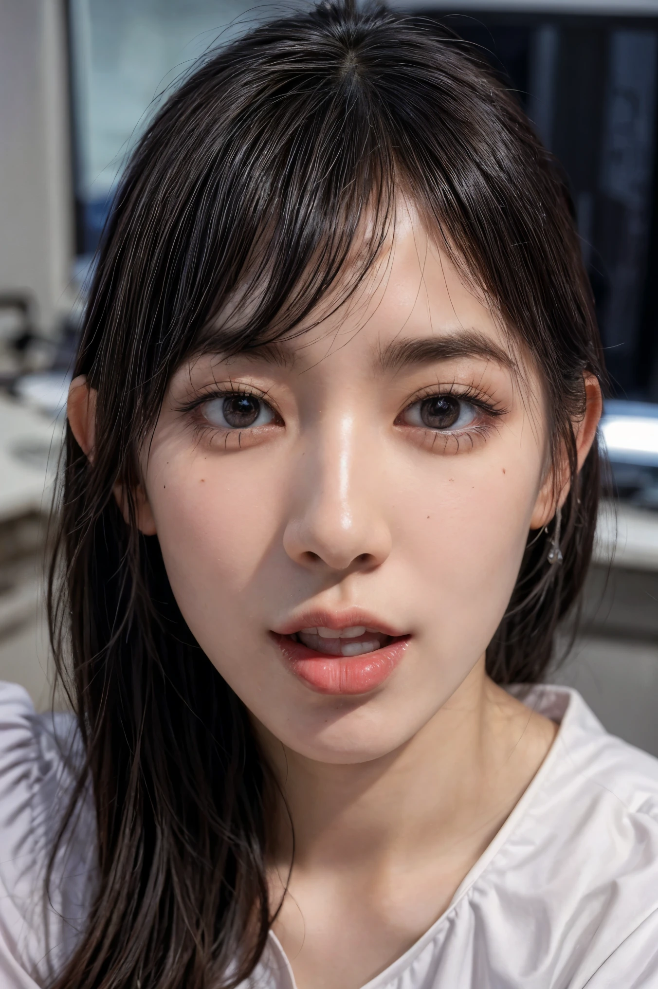 (masterpiece, best quality, realistic, photo-realistic), high resolution photograph of a Japanese woman, intricate details, sharp focus, professional lighting, solo, 1girl, an office lady, wearing office lady uniform, (face focus), (full open mouth, wide open mouth, excessive cum in open mouth:1.2), crawling under office desk, looking up at viewer, disheveled hair, detailed face, detailed eyes, sophisticated nose, mole on face, pale skin, fine-textured skin, indoors, office room, 