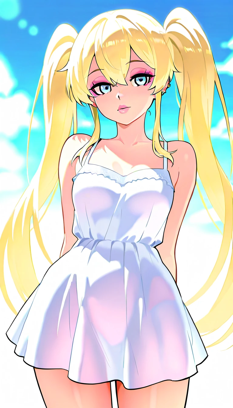 ((best quality)), ((highly detailed)), masterpiece, absurdres, (detailed eyes, deep eyes), (1girl), dynamic pose, upper body, Lusamine, blondde hair, very long hair, green eyes, medium breasts, (white dress), sleeveless dress, green gemstone, white leggings, high heels, white footwear, naked without any clothes, raising arms, armpits, on the beach, very sweaty