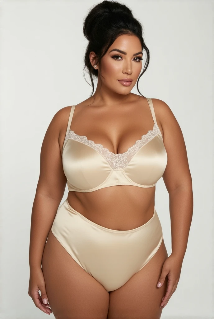 Curvy Black woman, white bra, and white cotton high cut panties, close up shot, at home, photo realistic, intricate details
