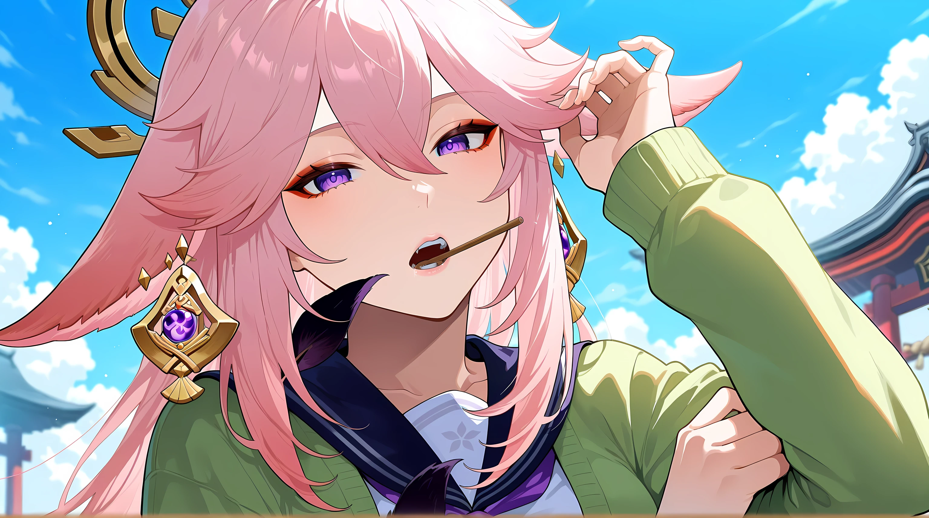 top quality、 more details、 High Resolution Illustration 、Ultra-high-definition CG、 Shrine Background 、Genshin Impact、 Yae Miko、Tail、Slanted Eyes、red eyeshadow、 eyeliner、 watching 、 one girl、 cardigan、 uncovered clothes、chest、 sexy、 close your mouth、Bachon