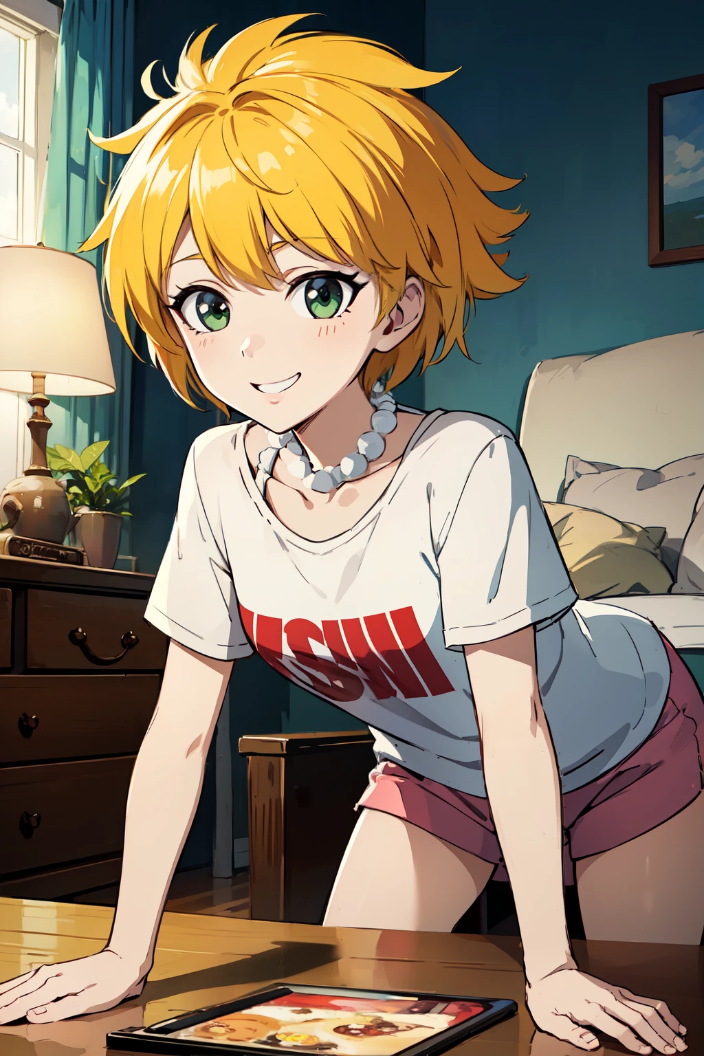 masterpiece:1.2, best quality, detailed,Super high quality,perfect anatomy,beautiful light and shadow, ,Beautiful white skin ,blonde hair, green eyes,slim, young woman in her early 20s ,1girl,,Various poses, solo, living room at night, very detailed eyes, smiling, anime style , 8k digital painting, wearing a t-shirt, sfw, short hair, (Lisa Simpson), pink hot shorts,