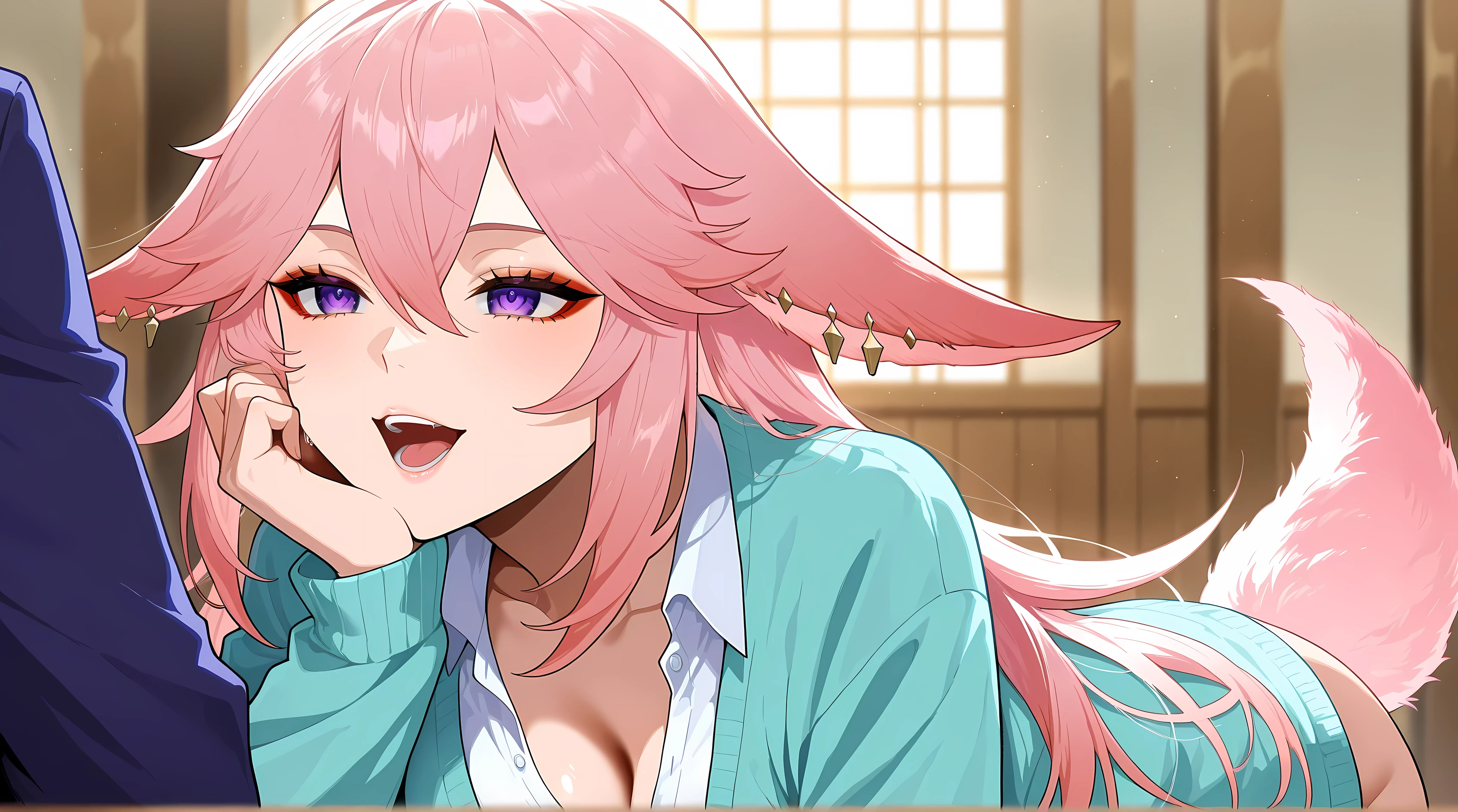 top quality、 more details、 High Resolution Illustration 、Ultra-high-definition CG、 Shrine Background 、Genshin Impact、 Yae Miko、Tail、Slanted Eyes、red eyeshadow、 eyeliner、 watching 、 one girl、 cardigan、 uncovered clothes、chest、 sexy、 close your mouth、Bachon