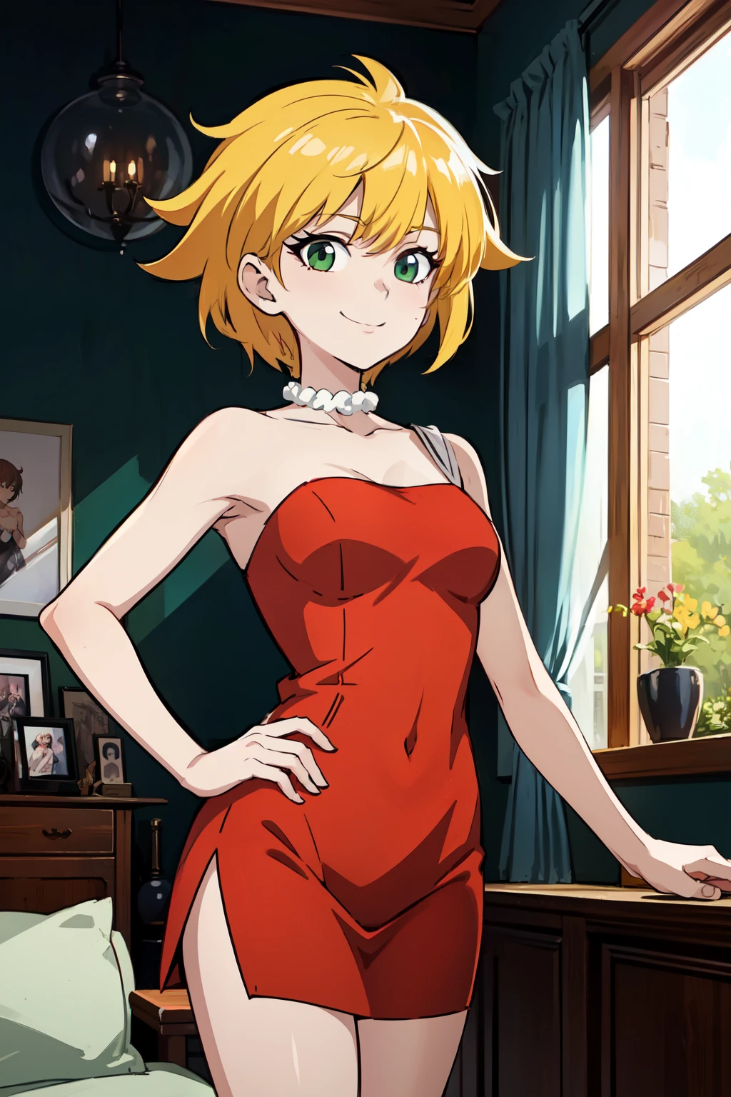 masterpiece:1.2, best quality, detailed,Super high quality,perfect anatomy,beautiful light and shadow, ,Beautiful white skin ,blonde hair, green eyes,slim, young woman in her early 20s ,1girl,,Various poses, solo, living room at night, very detailed eyes, smiling, anime style , 8k digital painting, sfw, short hair, (Lisa Simpson), red tight dress,