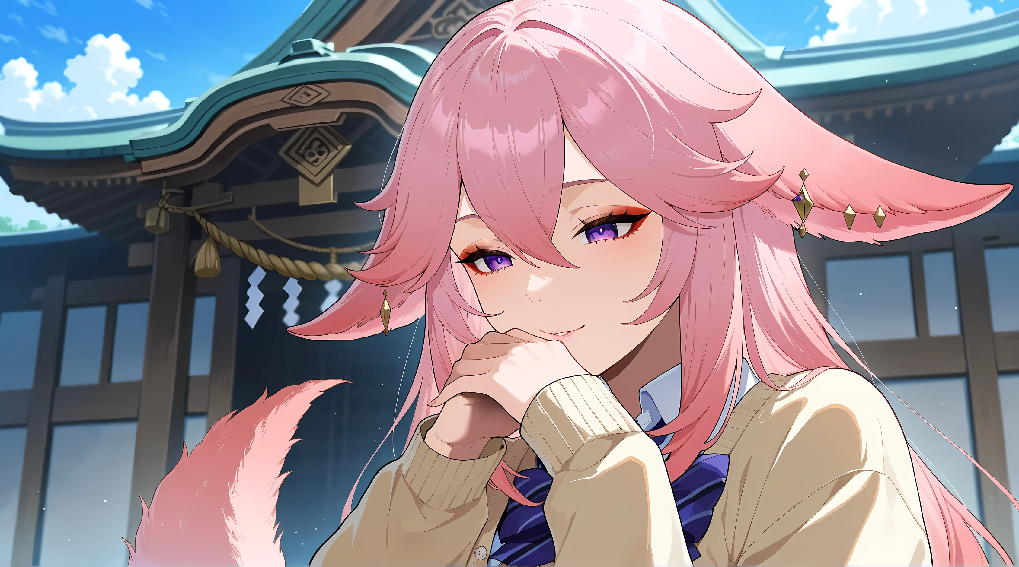 top quality、 more details、 High Resolution Illustration 、Ultra-high-definition CG、 Shrine Background 、Genshin Impact、 Yae Miko、Tail、Slanted Eyes、red eyeshadow、 eyeliner、 watching 、 one girl、 cardigan、 uncovered clothes、chest、 sexy、 close your mouth、Bachon