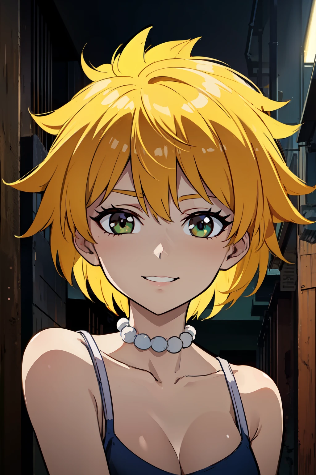 masterpiece:1.2, best quality, detailed,Super high quality,perfect anatomy,beautiful light and shadow, ,Beautiful white skin ,blonde hair, green eyes,slim, young woman in her early 20s ,1girl,,Various poses, solo, dark cinema at night, very detailed eyes, smiling, anime style , 8k digital painting, sfw, short hair, (Lisa Simpson), blue tight dress,