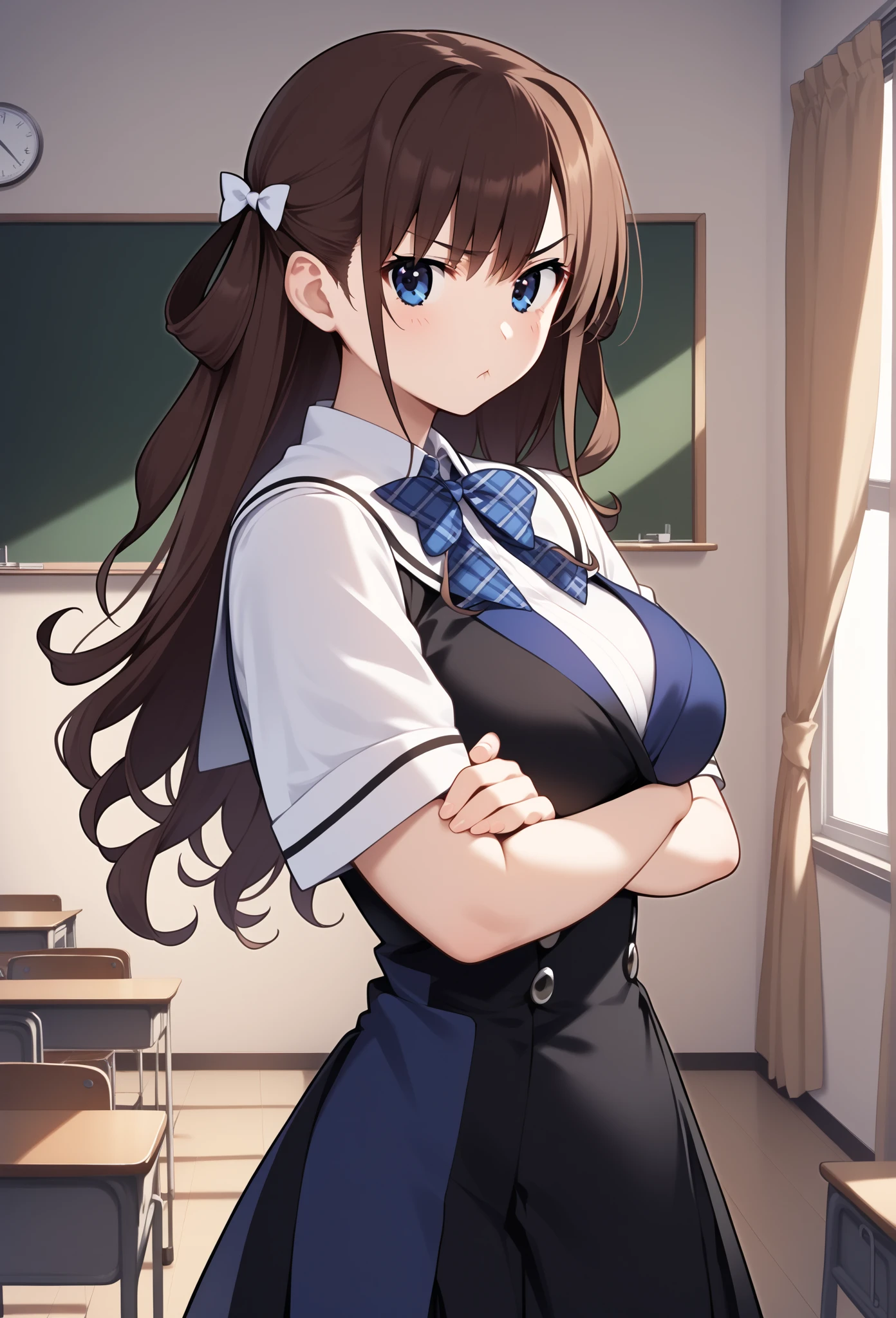 score_9, score_8_up, score_7_up, score_6_up, score_5_up, score_4_up, source_anime, aaamane, long curly hair, brown hair, hair bow, breasts, school uniform, plaid bowtie, pinafore dress, black dress, white shirt, short sleeves, crossed arms, pout, standing, cowboy shot, classroom,