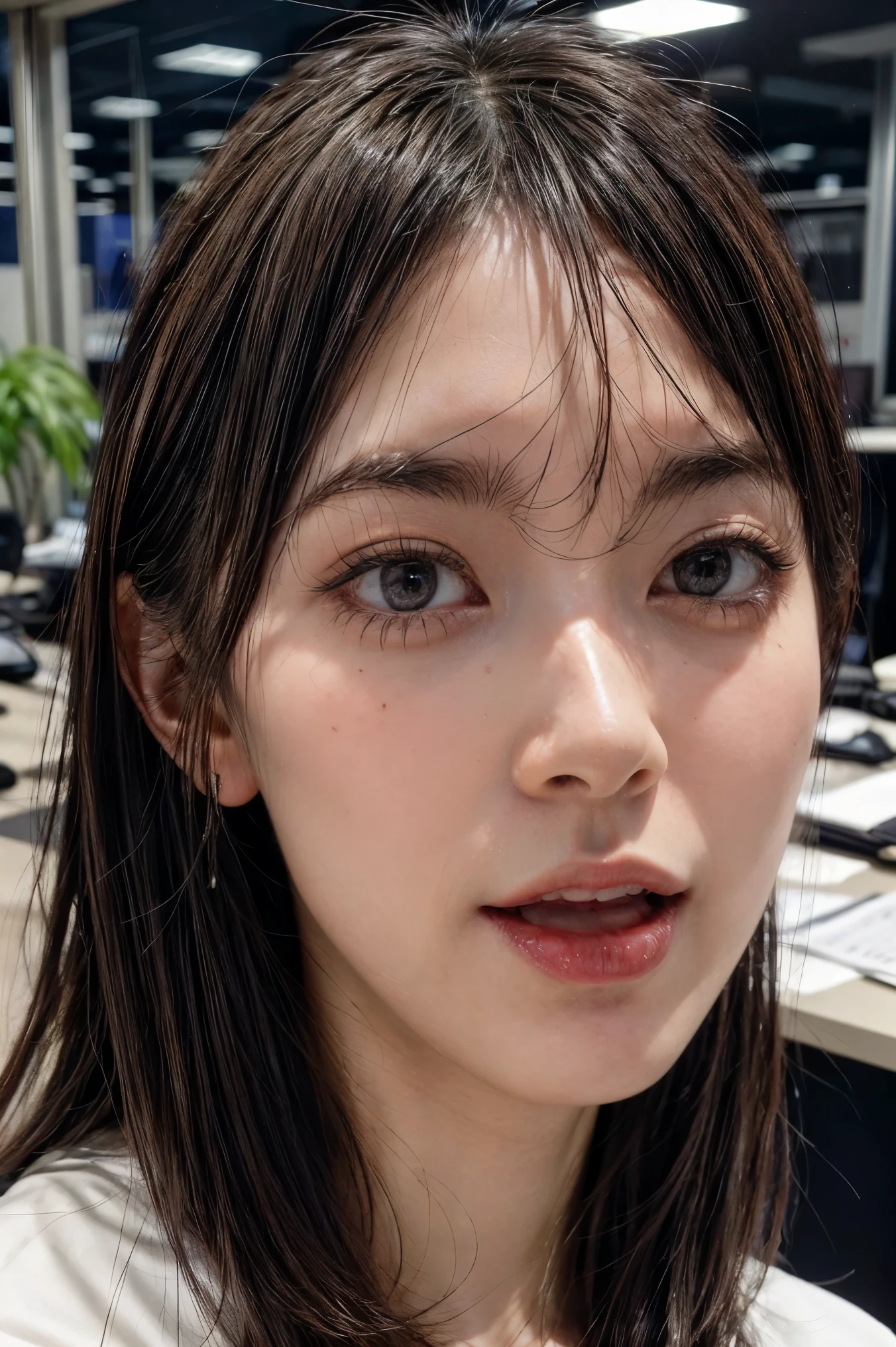 (masterpiece, best quality, realistic, photo-realistic), high resolution photograph of a Japanese woman, intricate details, sharp focus, professional lighting, solo, 1girl, an office lady, wearing female business suit, (face focus), (full open mouth, wide open mouth, excessive cum in open mouth:1.2), crawling under office desk, looking up at viewer, disheveled hair, detailed face, detailed eyes, sophisticated nose, mole on face, pale skin, fine-textured skin, indoors, office room,