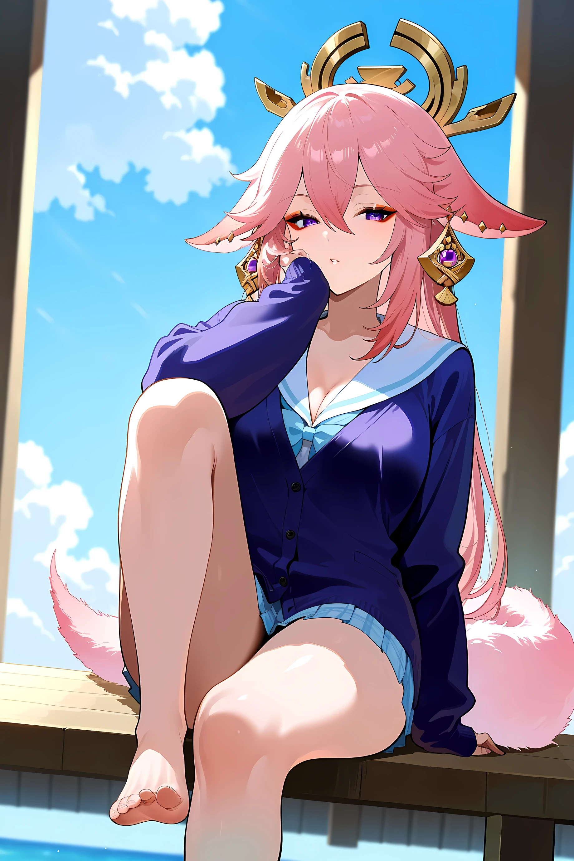 top quality、 more details、 High Resolution Illustration 、Ultra-high-definition CG、 Shrine Background 、Genshin Impact、 Yae Miko、Tail、Slanted Eyes、red eyeshadow、 eyeliner、 watching 、 one girl、foot、feet、 cardigan、 uncovered clothes、chest、 sexy、 provocative、Older sister、 close your mouth、Bachon