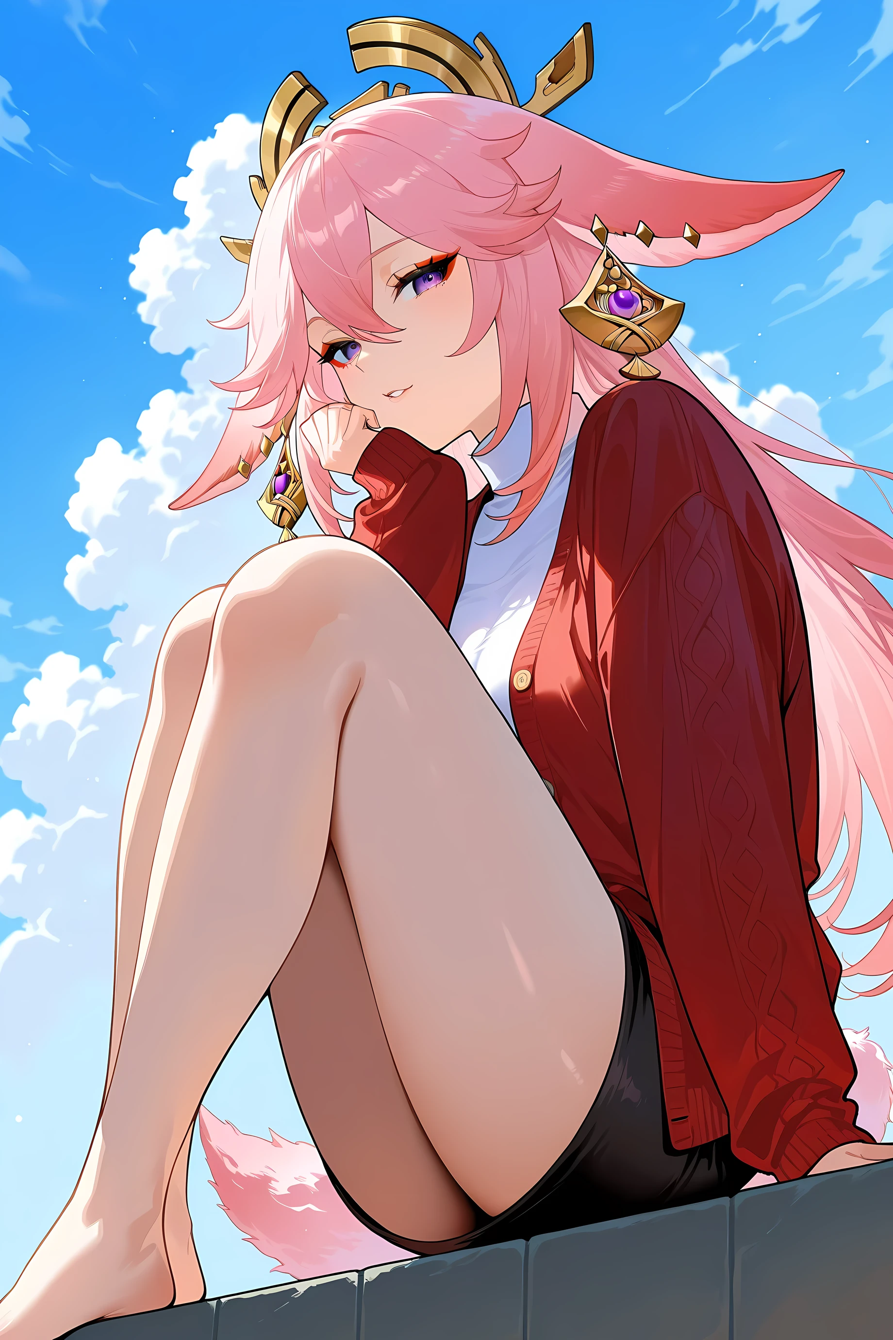 top quality、 more details、 High Resolution Illustration 、Ultra-high-definition CG、 Shrine Background 、Genshin Impact、 Yae Miko、Tail、Slanted Eyes、red eyeshadow、 eyeliner、 watching 、 one girl、foot、feet、 cardigan、 uncovered clothes、chest、 sexy、 provocative、Older sister、 close your mouth、Bachon