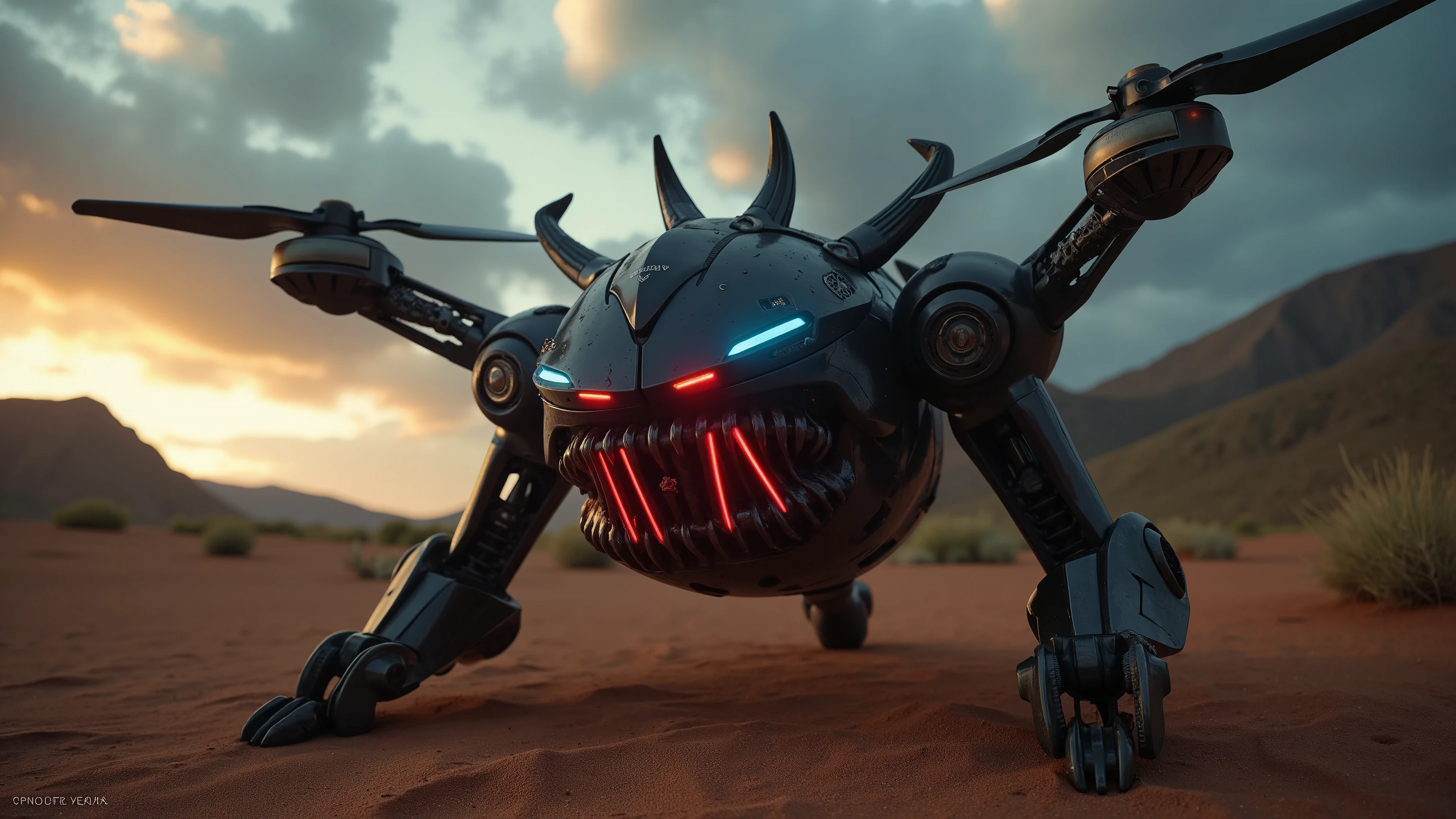 A beast drone, its metal body emblazoned with 'Colossus' in glowing red, gazes out from a low-angle perspective. Curved arms and legs wrap around its head like a mechanical crown. Red and blue headlights glint like razor-sharp teeth. Against the desert backdrop of a mountain range, dark gray clouds gather as the sun sets, casting a warm glow on the drone's monochromatic form. The eye-level composition draws the viewer in, with the ray-traced lighting accentuating every detail.
