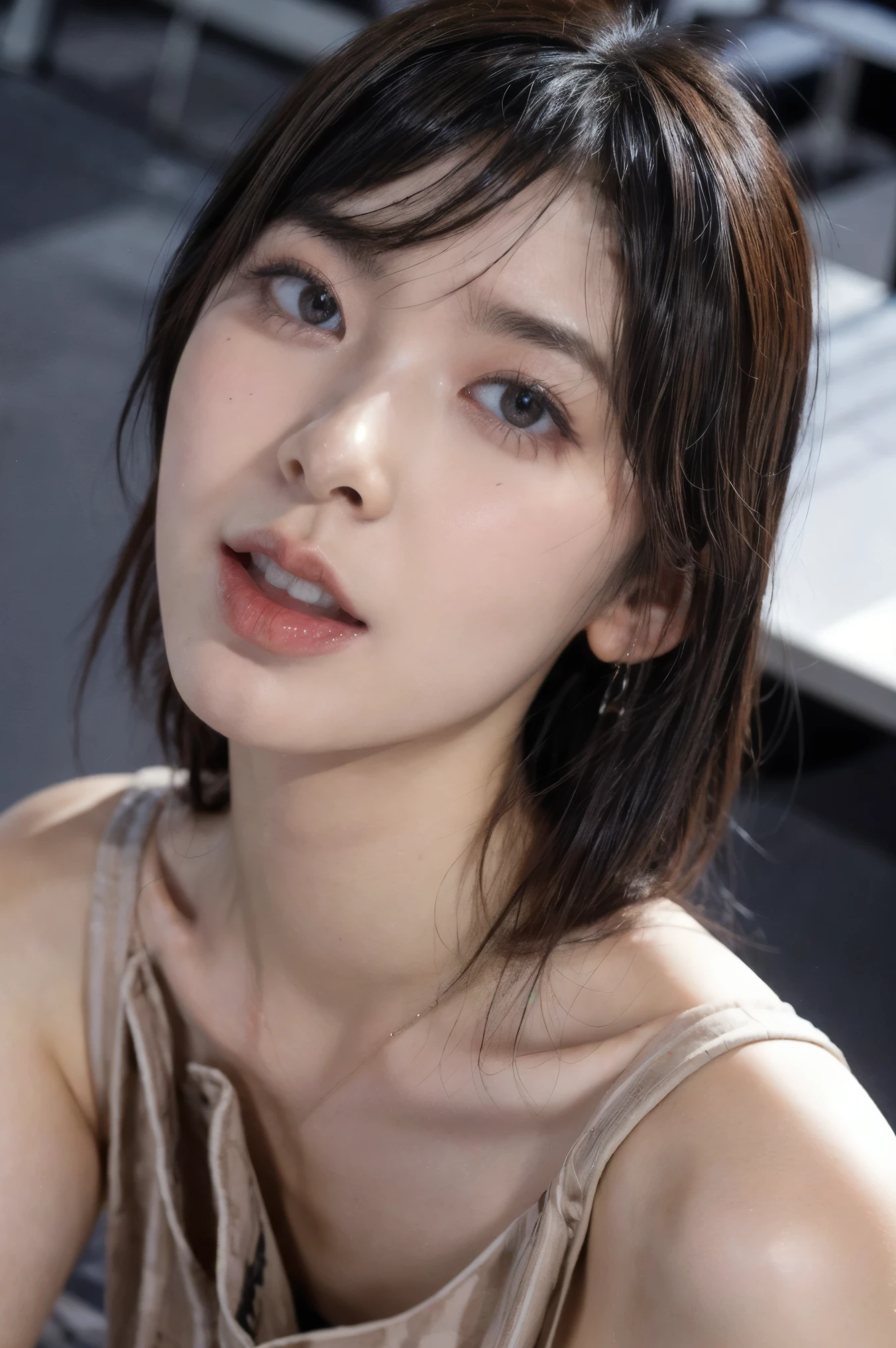 (masterpiece, best quality, realistic, photo-realistic), high resolution photograph of a Japanese woman, intricate details, sharp focus, professional lighting, solo, 1girl, an office lady, wearing female business suit, (flat chest:1.5), (face focus), (full open mouth, wide open mouth, excessive cum in open mouth:1.2), crawling under office desk, looking up at viewer, disheveled hair, detailed face, detailed eyes, sophisticated nose, mole on face, pale skin, fine-textured skin, indoors, office room,