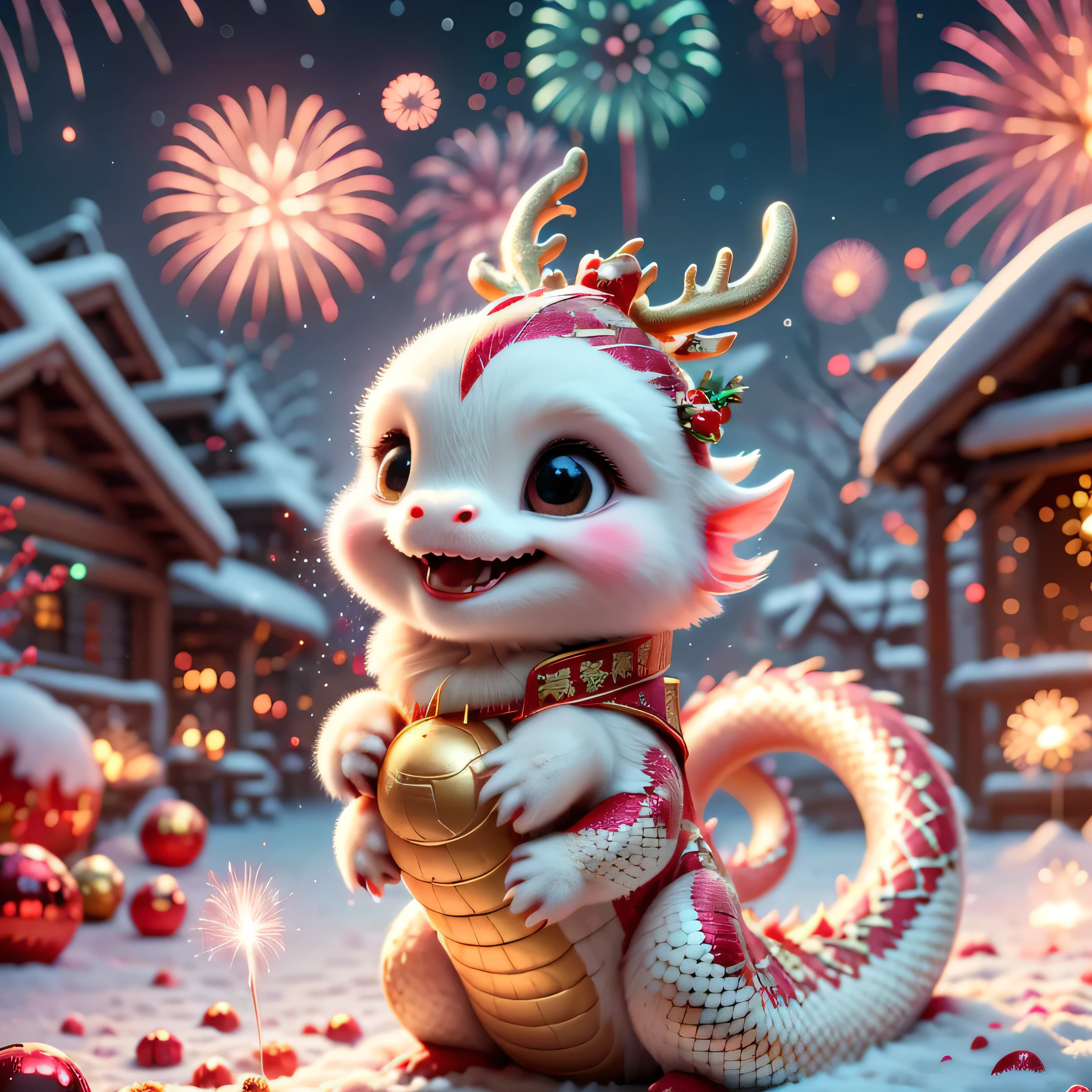 A very cute little snake, curved in an 'S' shape, with brightly coloured scales. It wears a Santa hat on its head, giving it a playful and festive look. The snake sits on a snowy surface, its head up, looking with delight at the sparkling fireworks exploding in the Christmas sky. The snake's eyes are large and full of admiration, reflecting the lights of the fireworks. The artwork should be done in a bright and cheerful illustration style, with an emphasis on the cute features of the snake. Use rich and cheerful colours for the scales: combinations of green, red and white. The fireworks should be bright and varied, including gold and silver shades, creating a festive atmosphere. Convey a sense of joy and magic. The snake should look happy and excited, so that the viewer feels the atmosphere of the New Year's holiday and magic. The background should be a night sky filled with bright fireworks that sparkle and develop in various shapes. Add snowdrifts and a few Christmas trees decorated with lights to create a cozy and festive atmosphere.