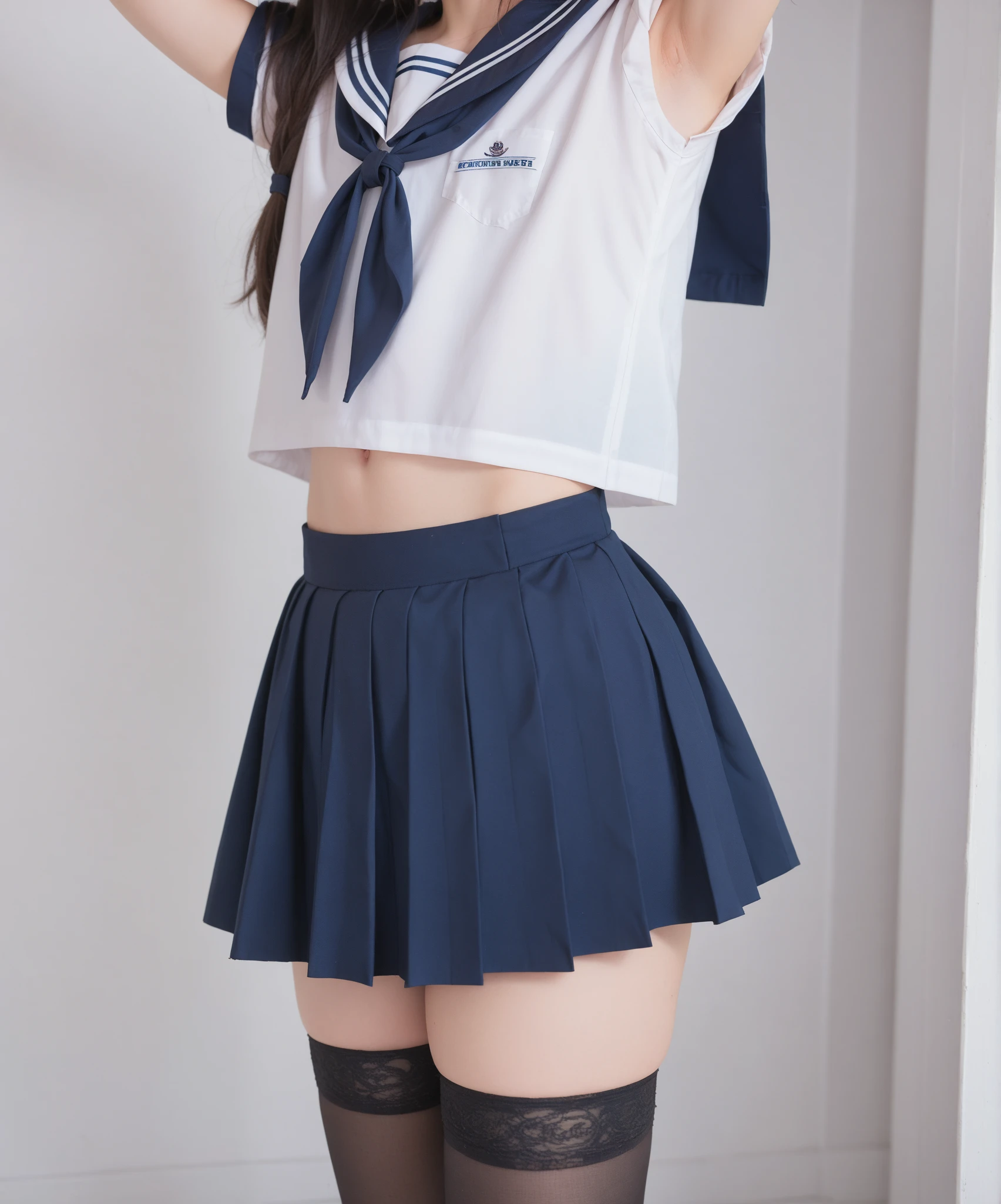  Short Sleeve Sailor Suit ,young cute girl,masterpiece,4K,8k,16k,Thin arms, white skin, Thin Thighs:1.5, thin body,delicate,Young,  black stockings, close-up of the face of , can see your armpits,smile, watching here, taken from the side, very skinny,No excess fat , navy blue skirt