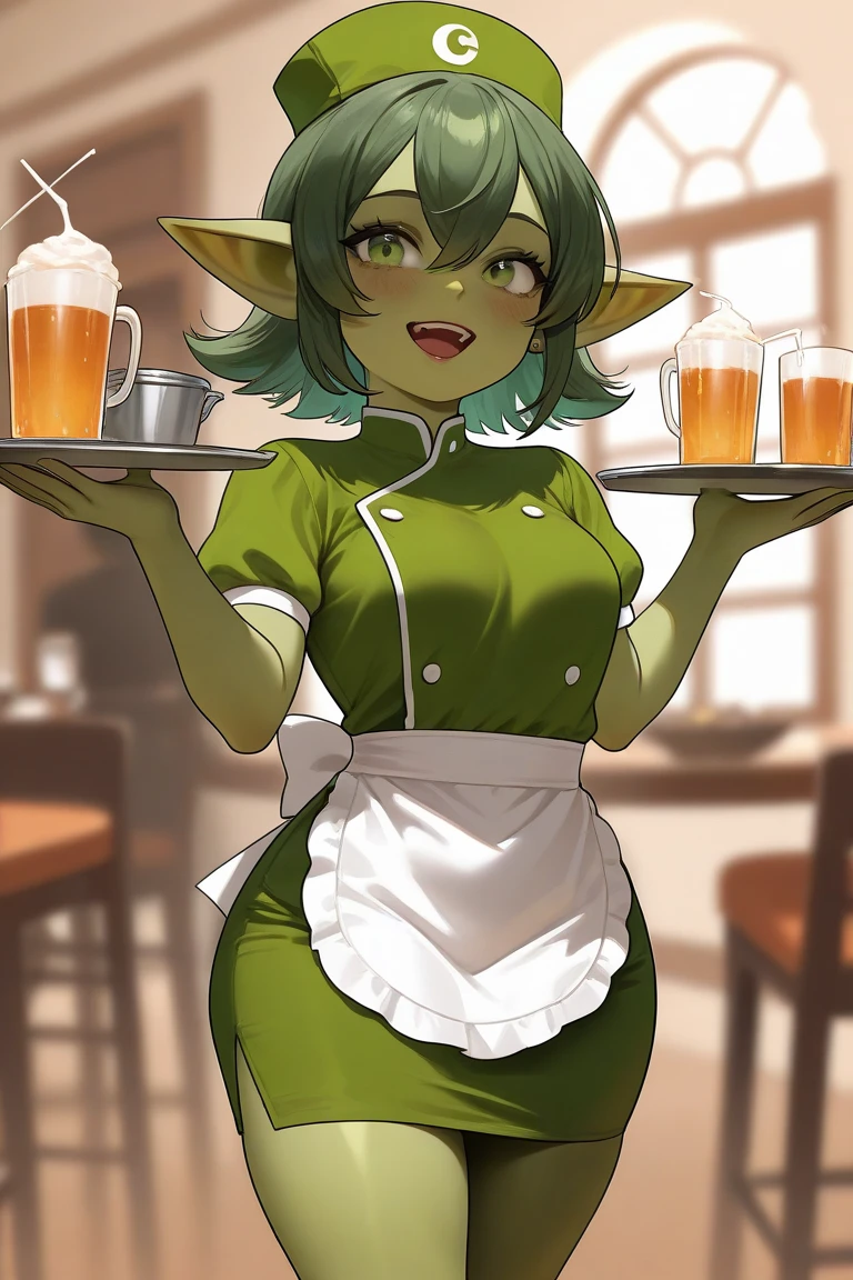 1girl,solo,goblin girl,black hair, short hairs,red eye,colored skin,green skin,huge breasts,glasses,(smug),seductive smile,maid,ring earrings,chocker,mansion kitchen,cowboy shot,apron, (naked apron:1.4),(sitting), on counter,arms support,(night),wine,drunk