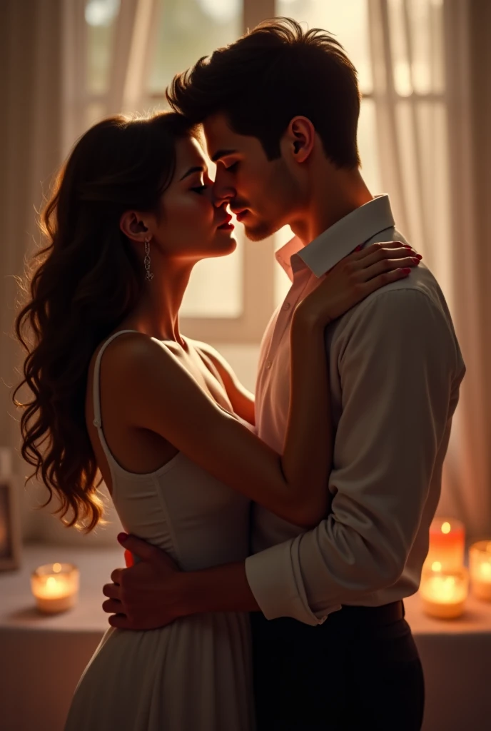 an elegant woman, Long brown hair, eyes browns, and light skin, sitting on the bed and there is a man of aristocratic origin, with dark and expressive eyes, straight and tidy black hair, running to her Dark moon and realistic image