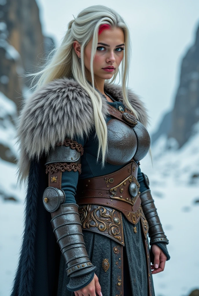 I want a beautiful Viking warrior woman, with hair as white as possible and red streak in it, and emerald green eyes.