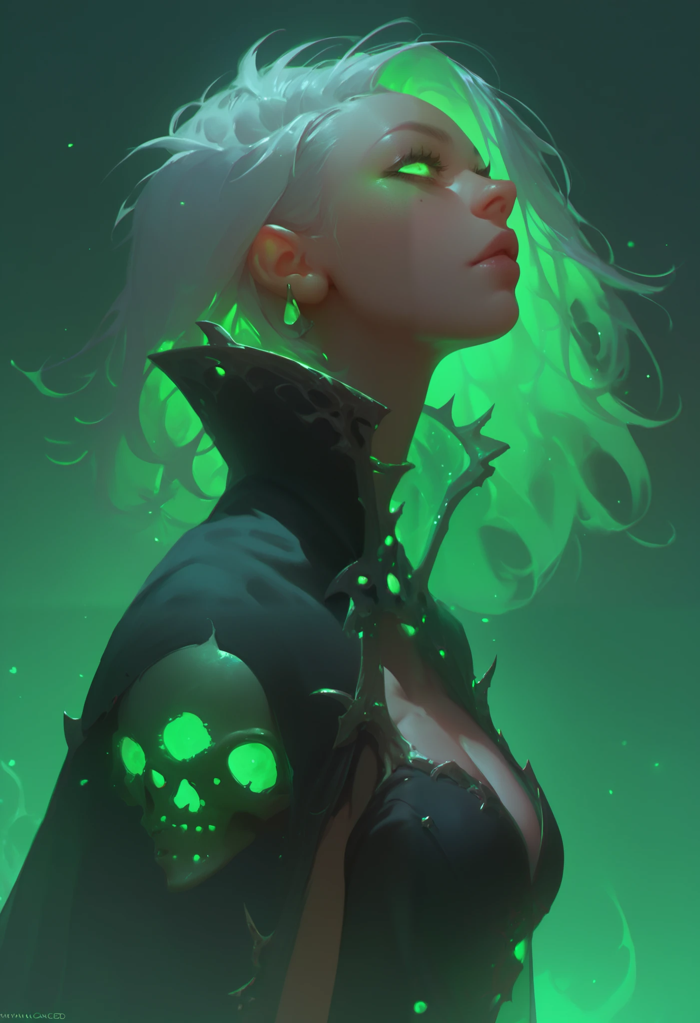 1girl, necromancer, solo, black robe, silver hair, green eyes, menacing eyes, green floating skulls, green theme, masterpiece, best quality, good quality, newest, ultra quality, high detailed